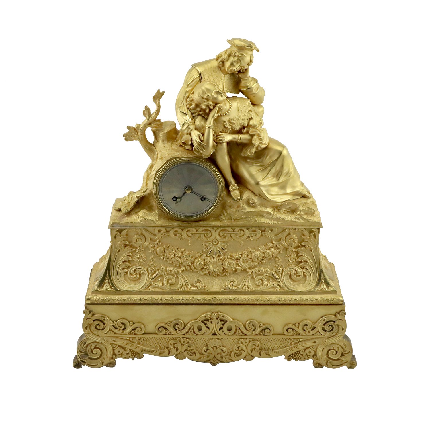 French Gilt Bronze Mantel Clock Depicting a Courting Couple, Circa 1830-40