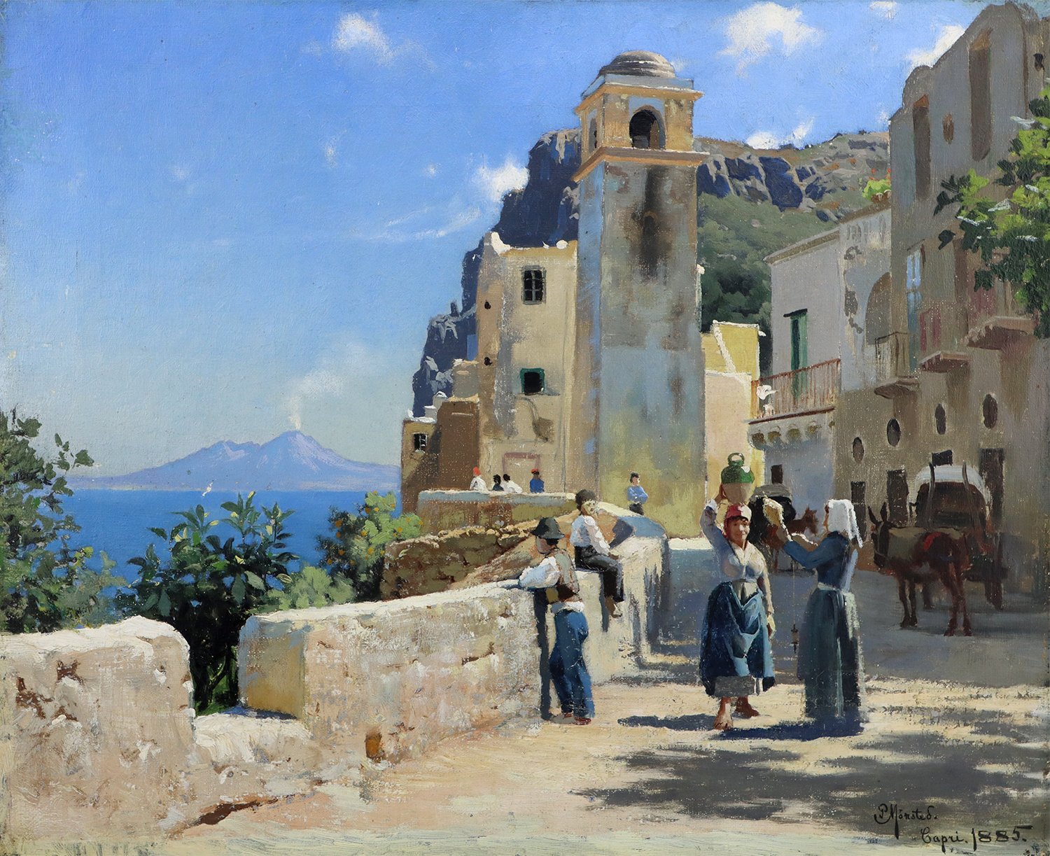 Peder M. Monsted (Danish 1859-1941) 'Street View From Capri With The Bay Of Naples And A Smoking Vesuvius In The Distance'