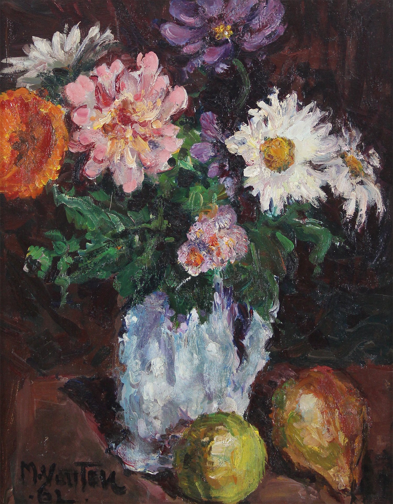 Mogens Vantore (Danish 1895-1977) 'Arrangement of Flowers with Daisies and Fruit'