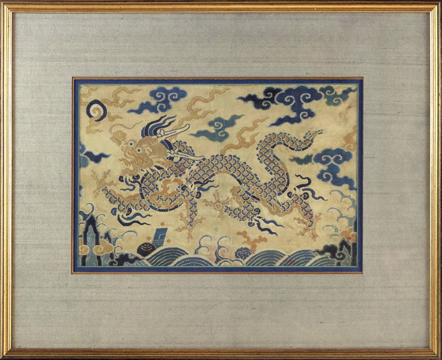 Chinese panel of yellow silk brocade work, circa 1780