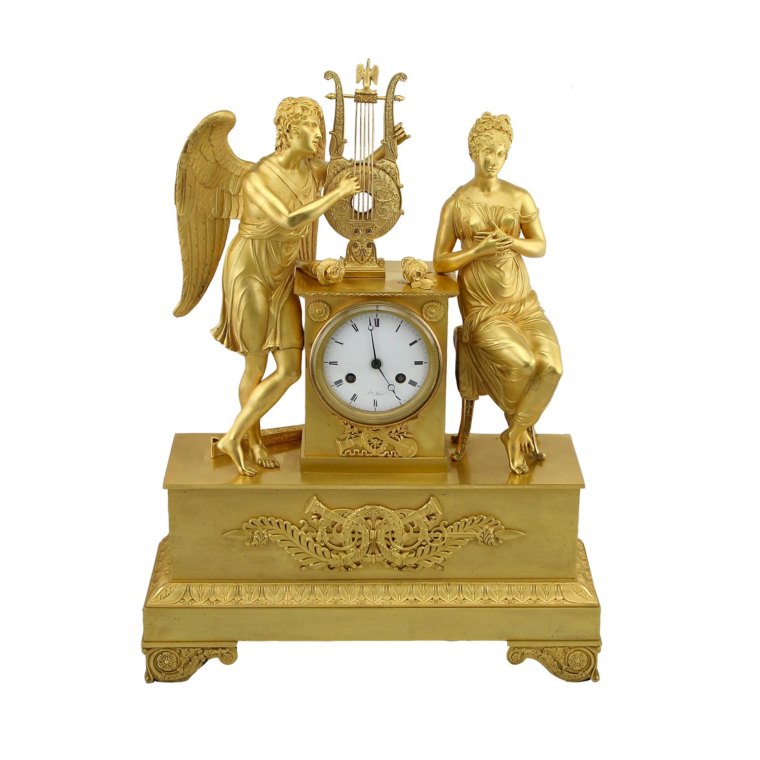 French Empire Gilt Bronze Mantle Clock Depicting Cupid and Psyche, Circa 1840