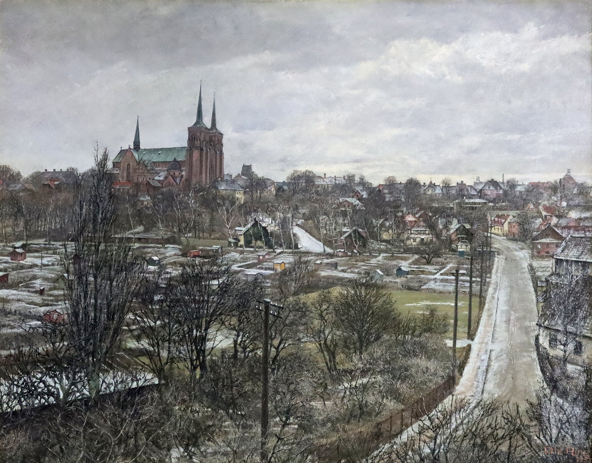 Ole Ring (Danish 1902-1972) 'A View of Roskilde with the Cathedral in the Distance'
