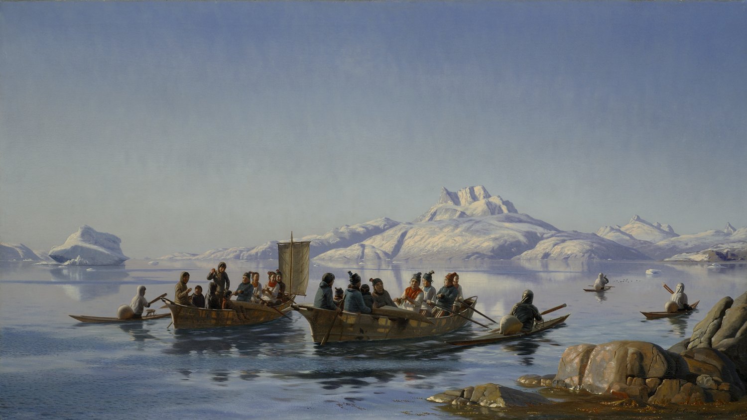 Carl (Jens Erik C.) Rasmussen (Danish 1841-1893) 'Spring Day Returning From The Hunt, Godhaabsfjord, Greenland'