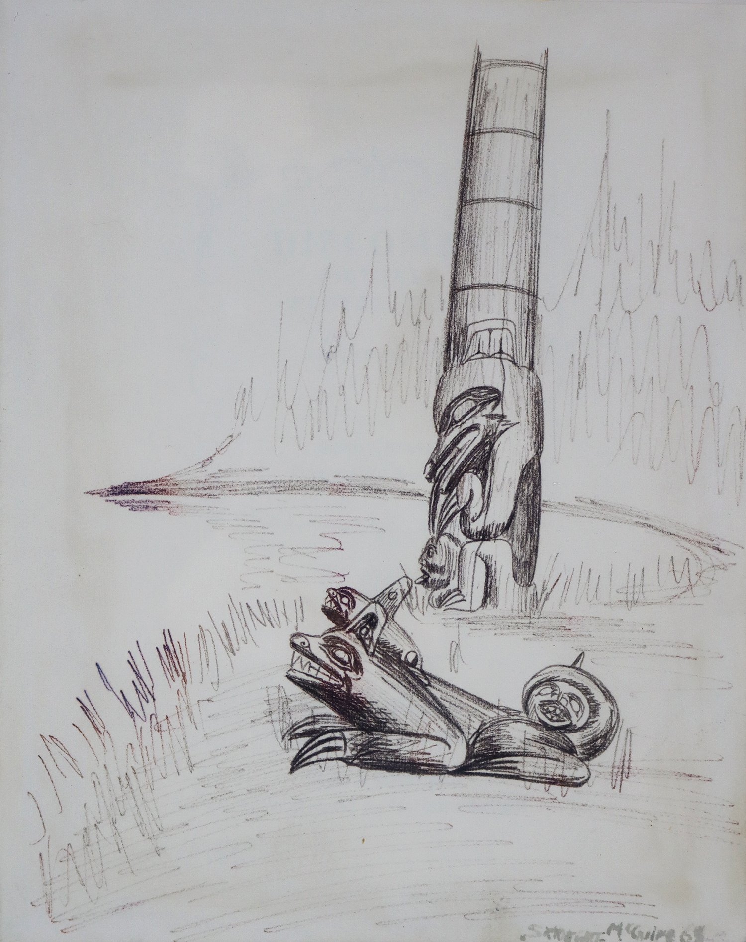 Pat Mcguire (Haida/Canadian, 1943-1970) 'Bear Pole and Carving in a Landscape'