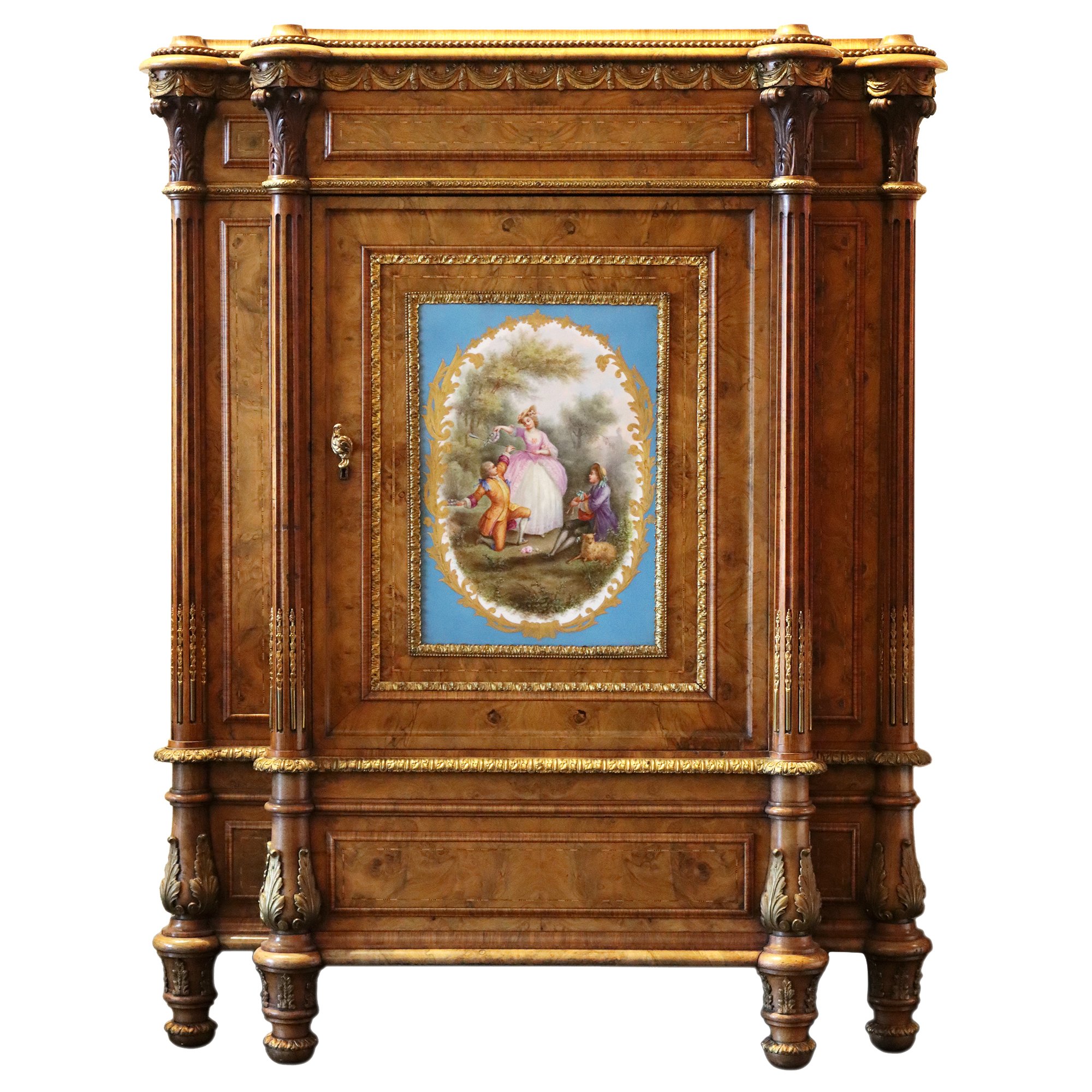 Fine English Burl Walnut Drawing Room Cabinet, Circa 1860
