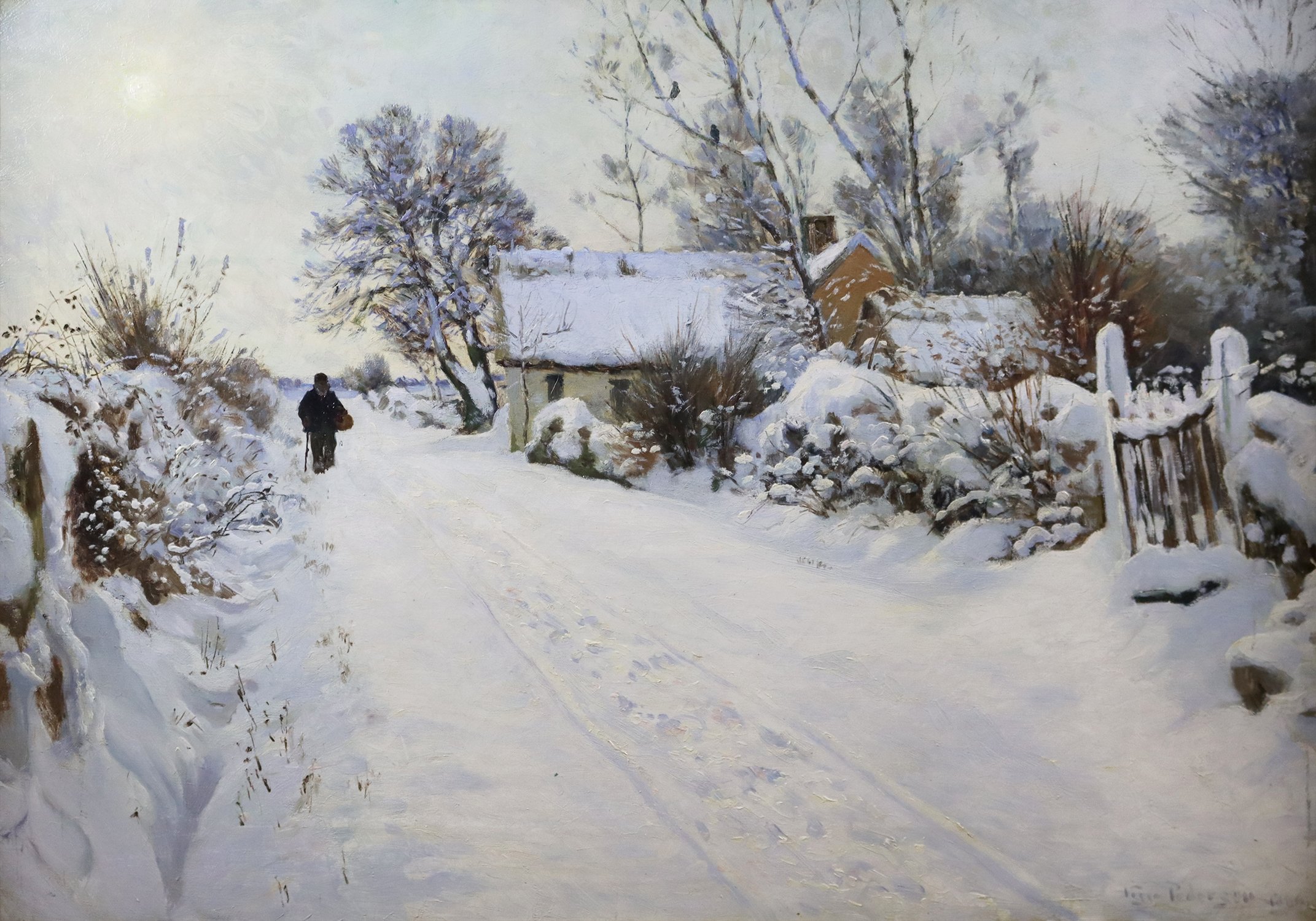 Viggo Pedersen (Danish, 1854-1926) 'Man Walking Along the Road in a Snow-Covered Village'