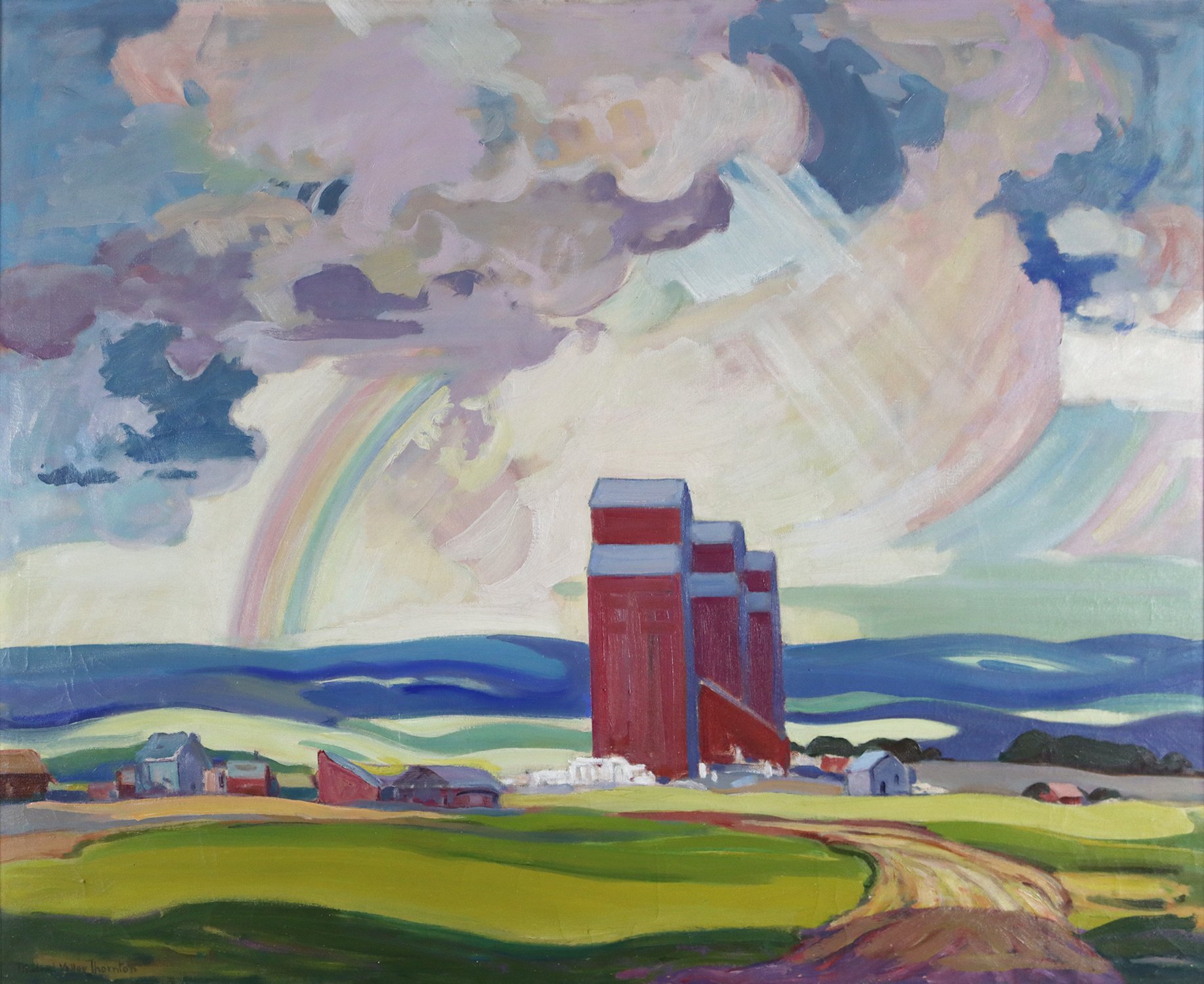 Mildred Valley Thornton (Canadian 1890-1967) 'Prairie Grain Elevators and Rainbow'