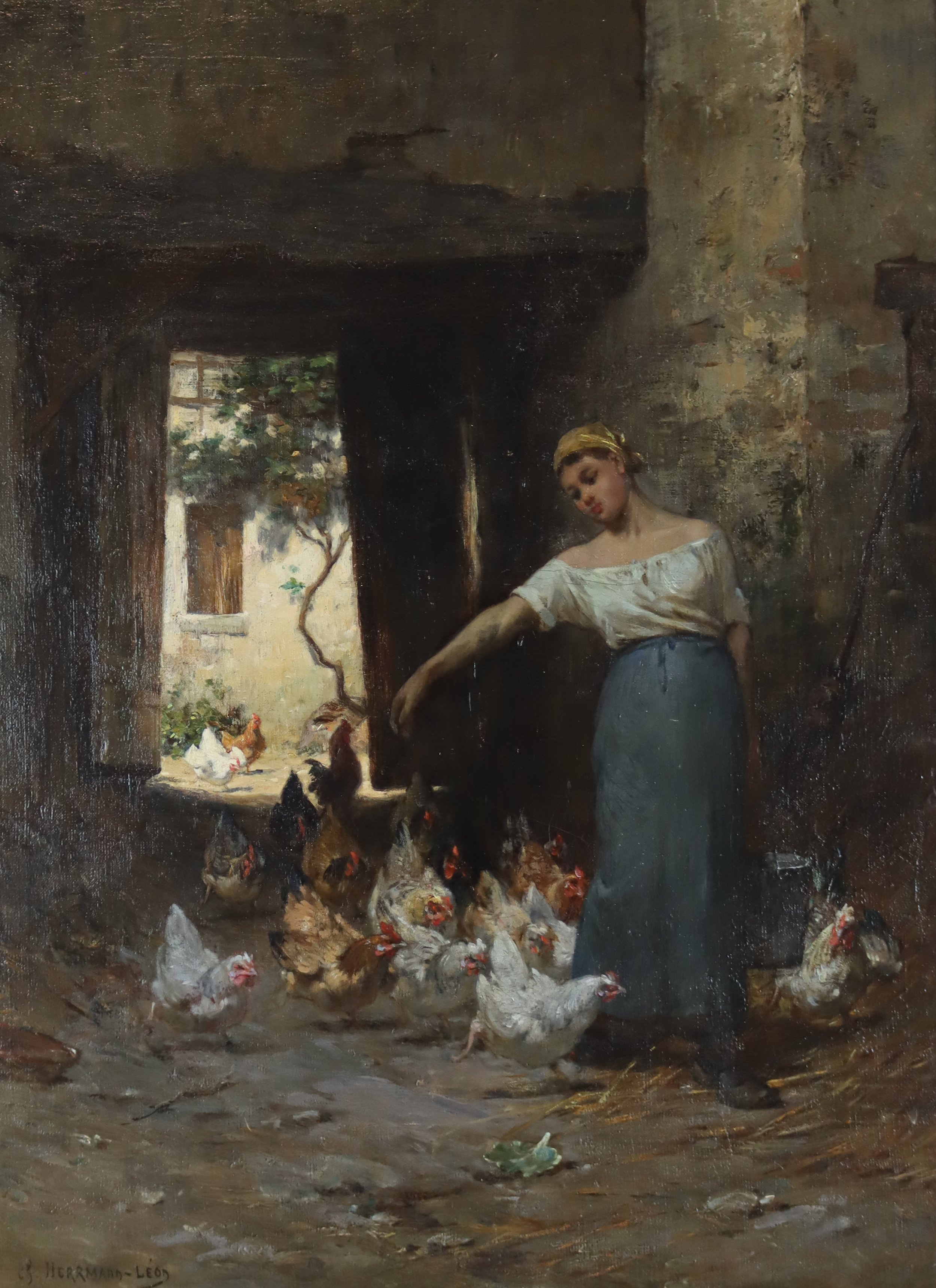 Charles Hermann-Leon (French 1838-1908) 'Woman Feeding Chickens'