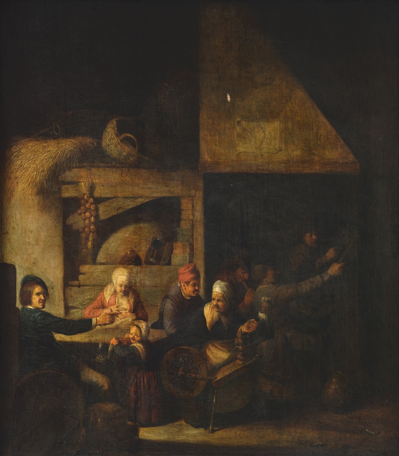 'Interior with a Party of People; an Old Woman Spinning in Front; Utensils on the Right' Style of Adriaen Ostade 