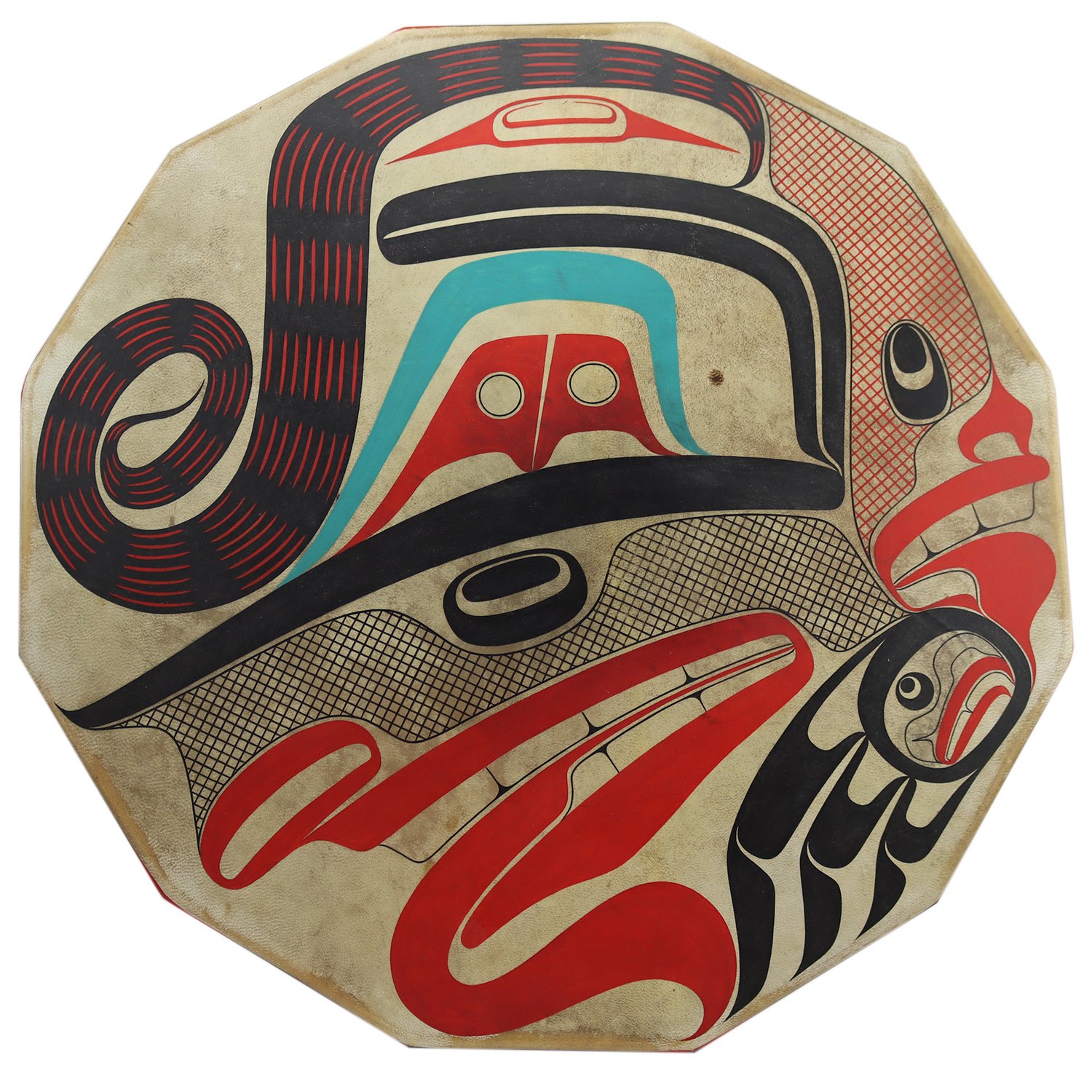 Robert Charles (G̲uud San Glans) Davidson (Haida/Canadian Born 1946)  'Twelve- Sided Drum Depicting Man Transforming into Wolf'