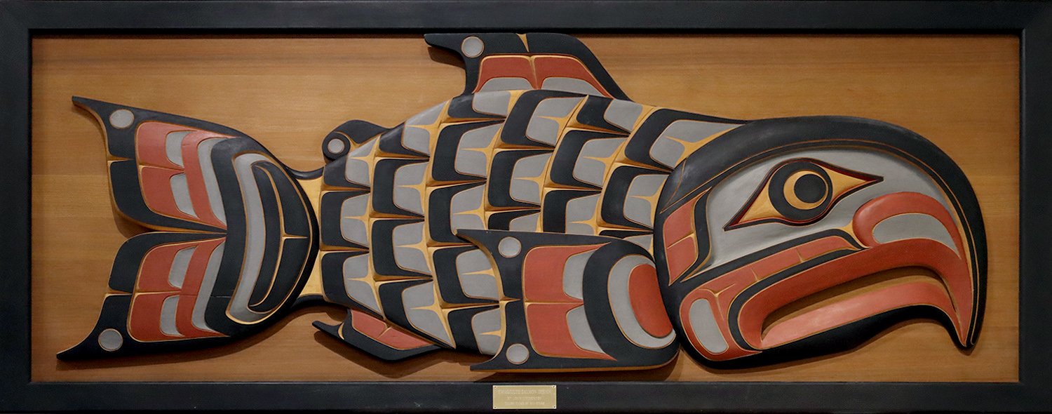 John Livingston (adopted Kwakwaka'wakw (Kwakiutl) 1951-2019) 'Kwagiulth Salmon Design Wooden Wall Panel'