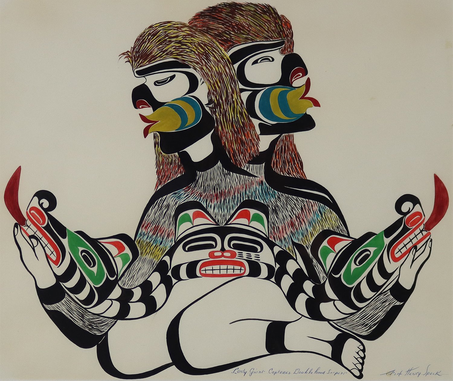 Henry Speck Sr. (U’dzistalis) (Kwakwaka'wakw (Kwakiulth) (Canadian) 1908-1971) 'Lady Giant Captures Double Head Serpent'  