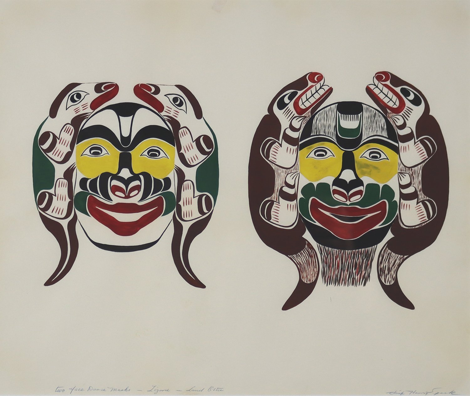 Henry Speck Sr. (U’dzistalis) (Kwakwaka'wakw (Kwakiulth) (Canadian) 1908-1971) 'Two Face Dance Masks- Lizard- Land Otter'  