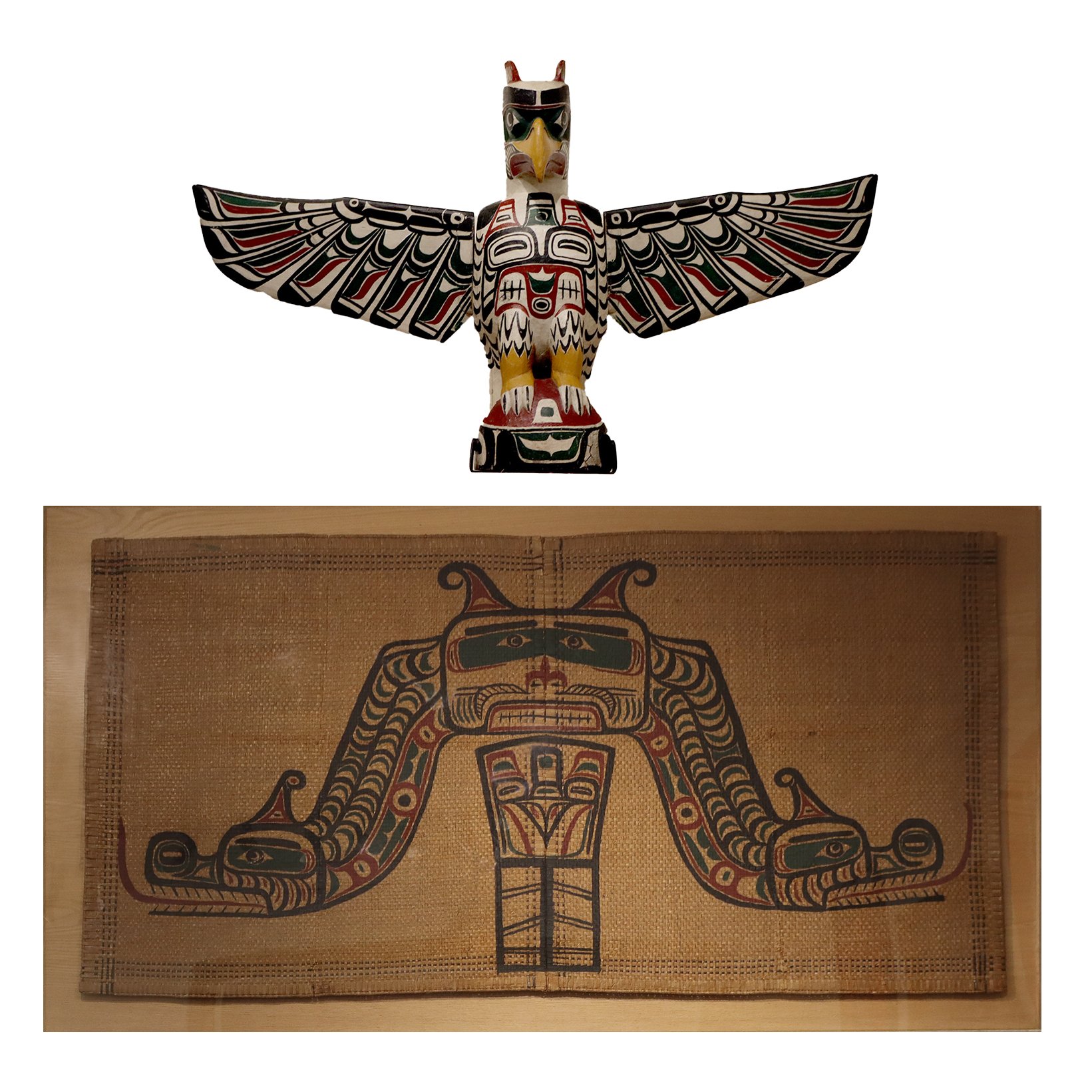 Charlie James (Yakuglas) (Kwakwaka'wakw (Kwakiutl) Circa 1867-1938) 'Thunderbird Totem & Sisiutl Cedar Mat'