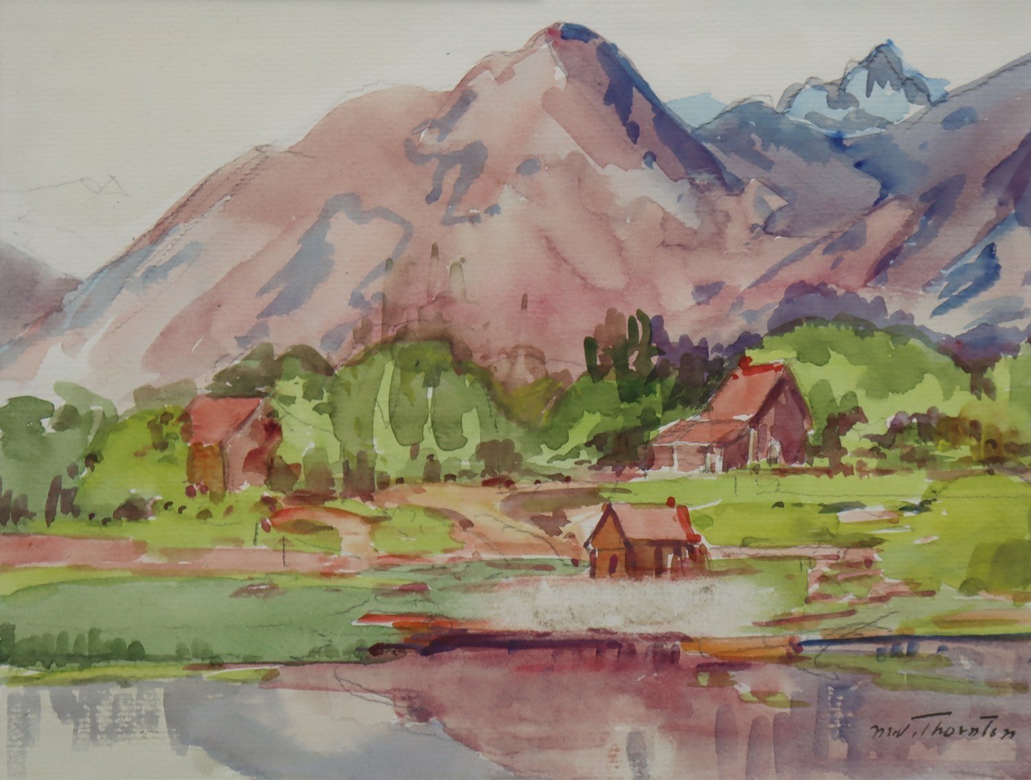 House on a Lake in a Valley with Pink Moutainside