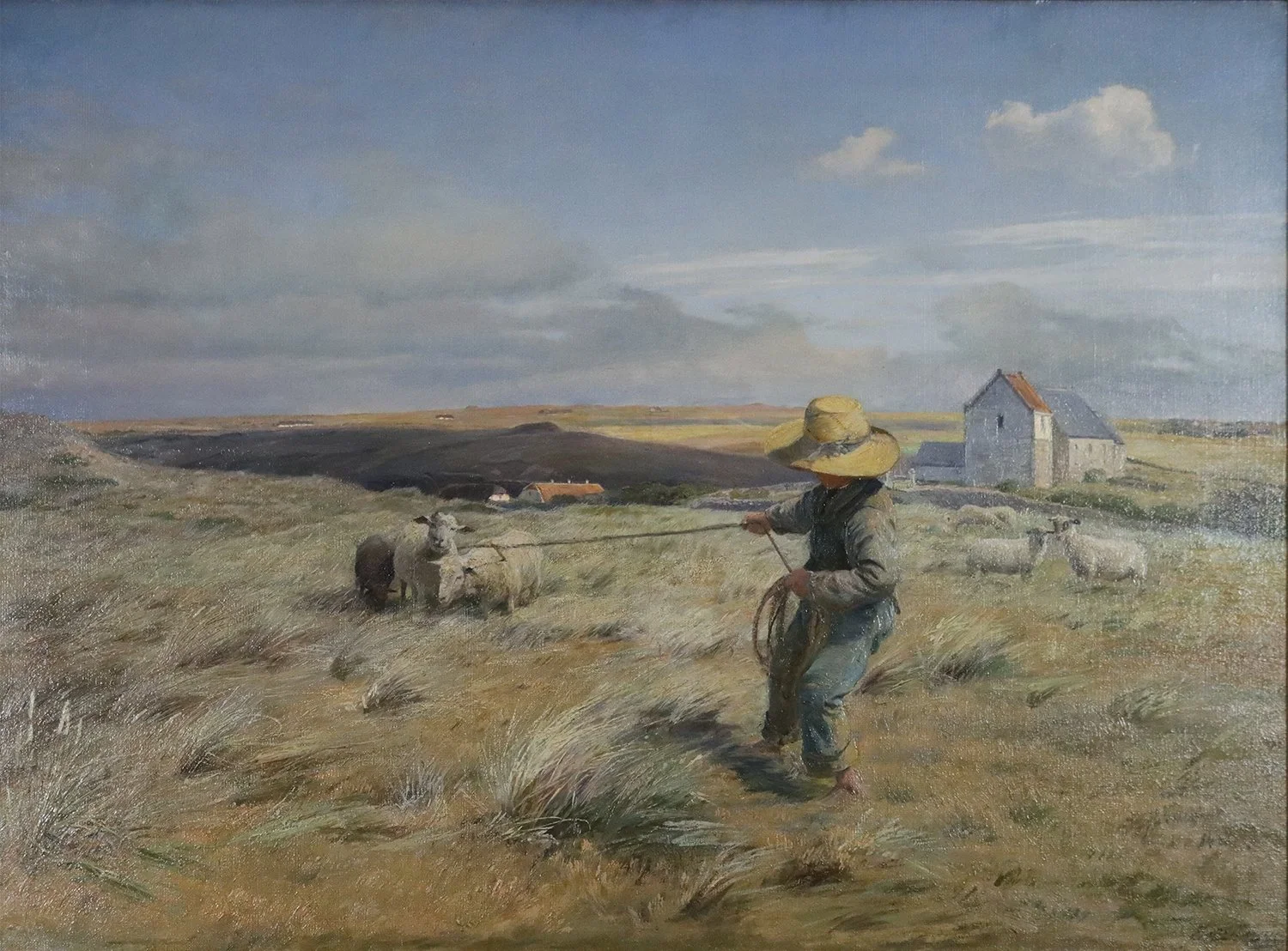 Knud Larsen (Danish 1865-1922) 'Tending Sheep Near Hjortdal Kirke'
