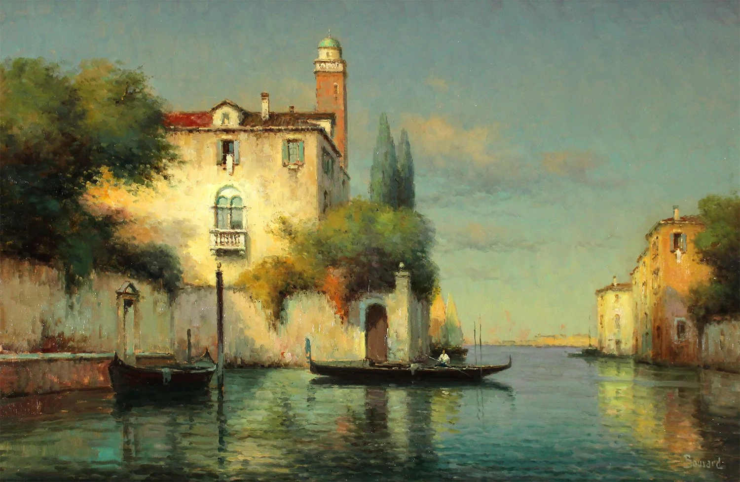 Antoine Bouvard (French 1913-1972) 'Gondolier on a Peaceful Venetian Canal'