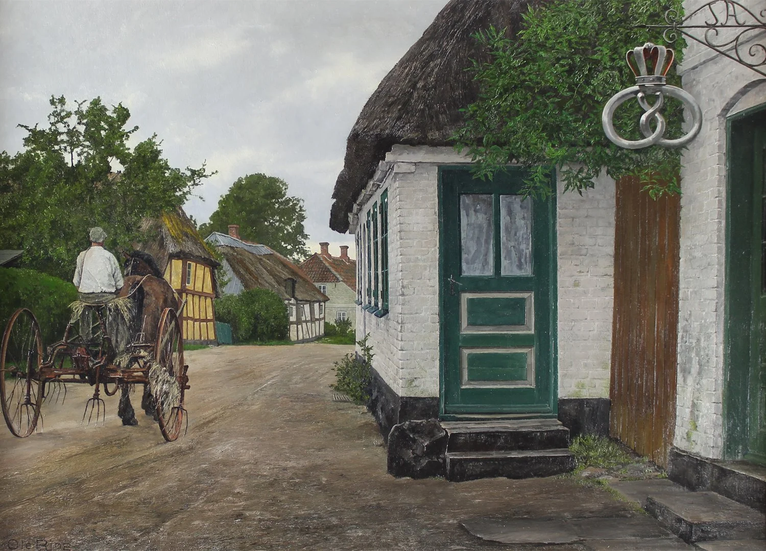 Ole Ring (Danish 1902-1972) 'Village scene with a farmer, passing by a local bakery on his way to Havester'