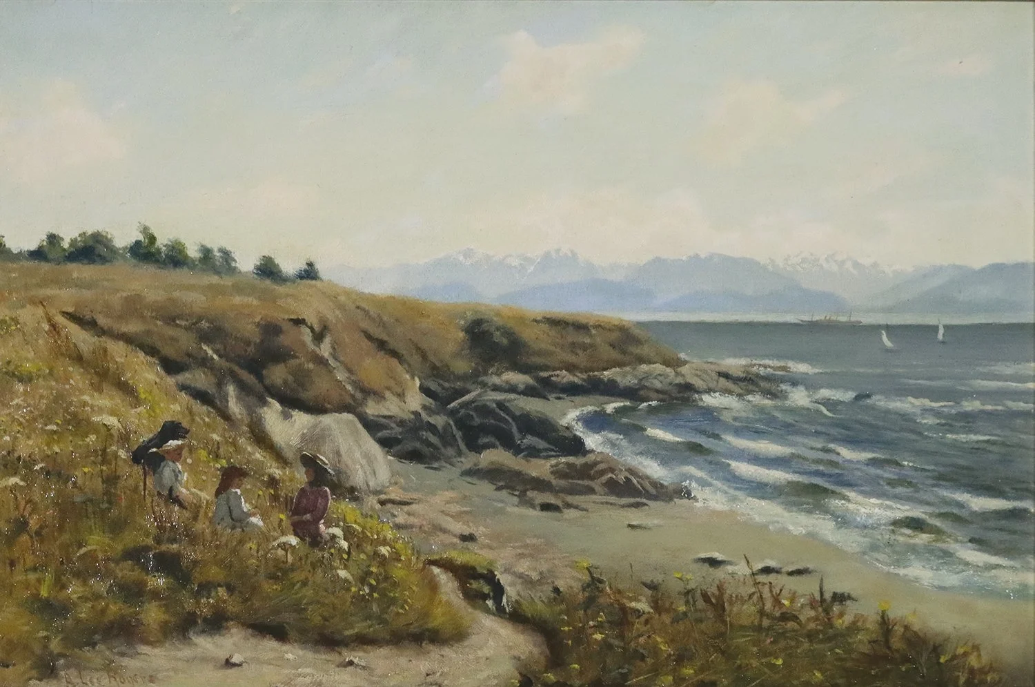 Arthur Lee Rogers (Canadian active 1871-1894) 'Beach Landscape with Three Figures and a Dog'