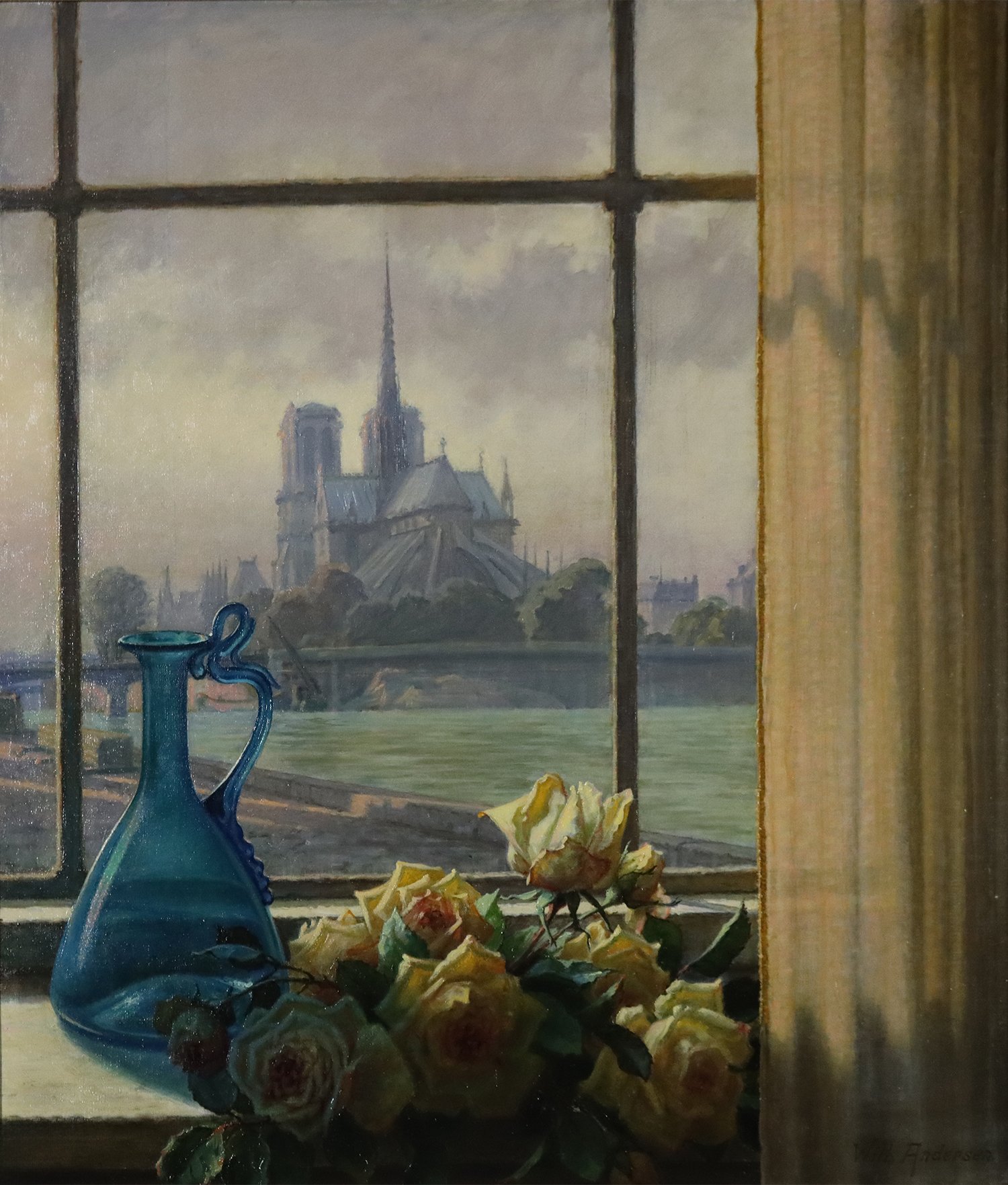 Wilhelm Andersen (Danish 1867-1945) 'Roses and a Glass Jug on a Windowsill with Notre Dame in the Distance'