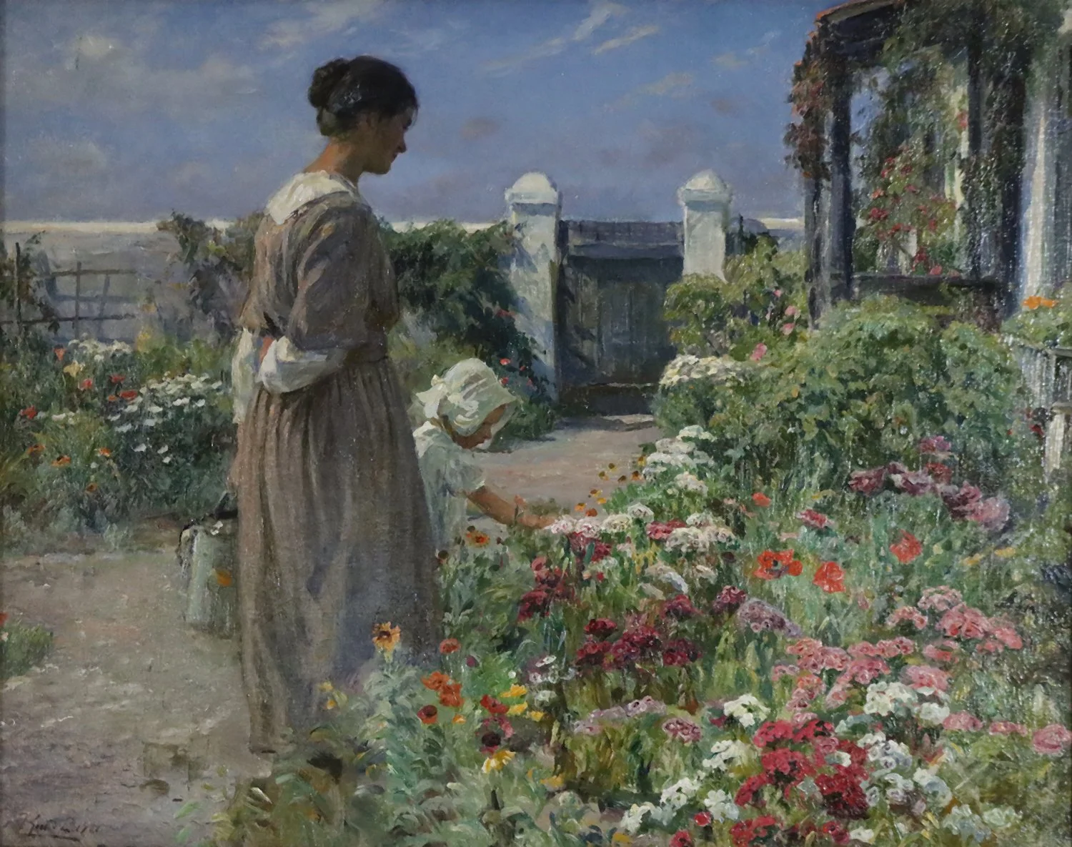 Knud Larsen (Danish 1865-1922) 'Mother and Daughter in Garden with Flowers'