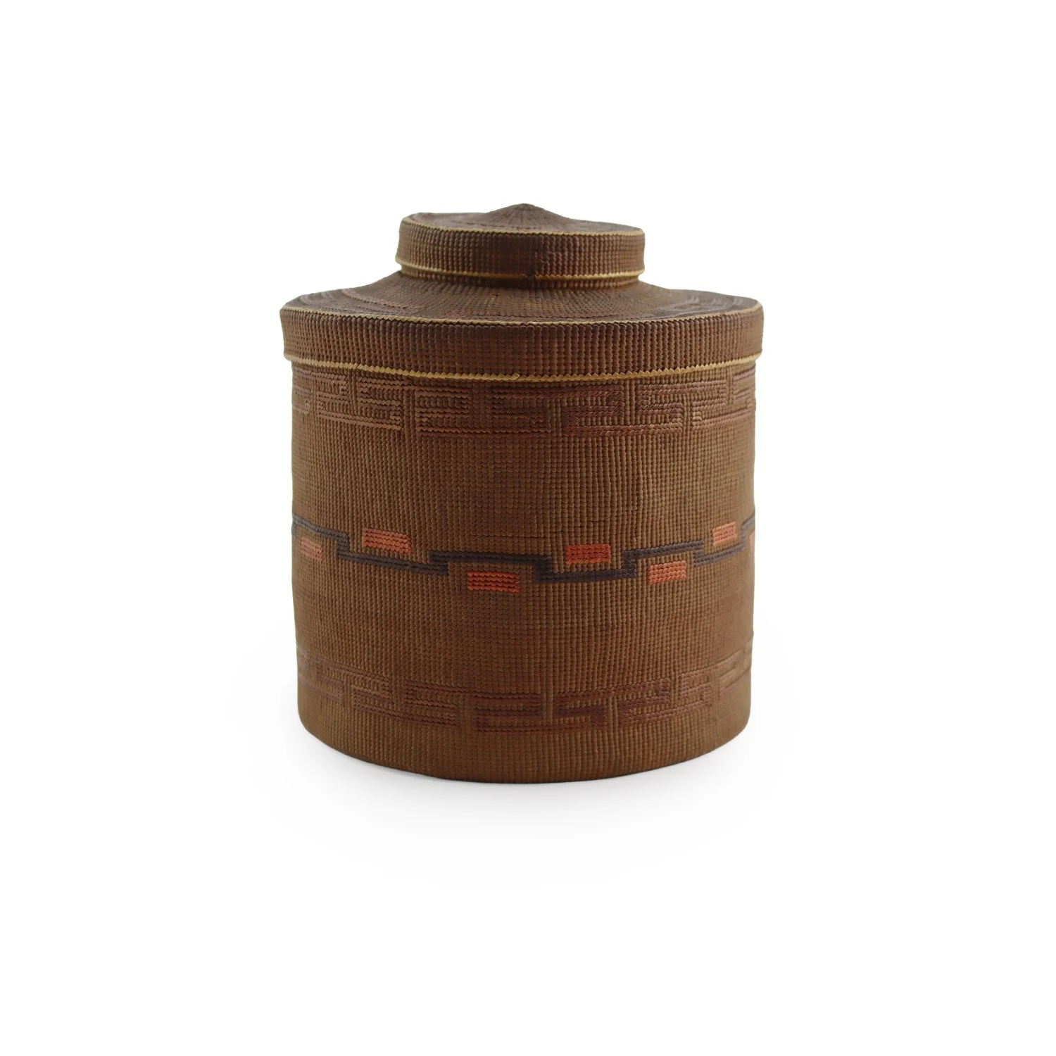  Rare very fine Nootka or Tsimsian round lidded basket for neck collars, with double lid, decorated with geometric design on sides, top and lid, minor damage, early 20th century Provenance: Estate of Niels Knudsen, Victoria Size: 7 h x 6 w x 6 d in P