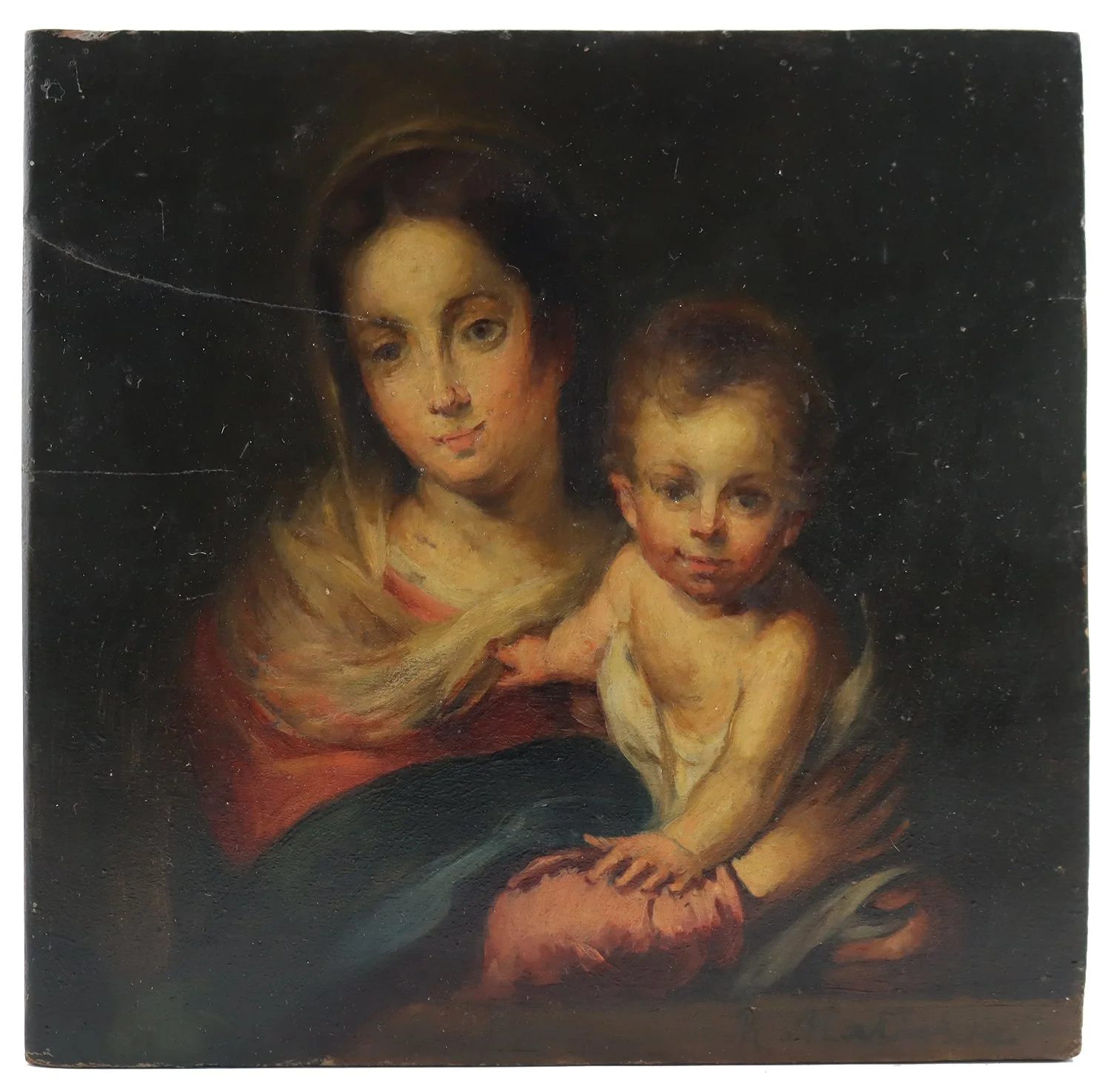 Oil on walnut panel depicting Madonna and Child, German school, 19th century