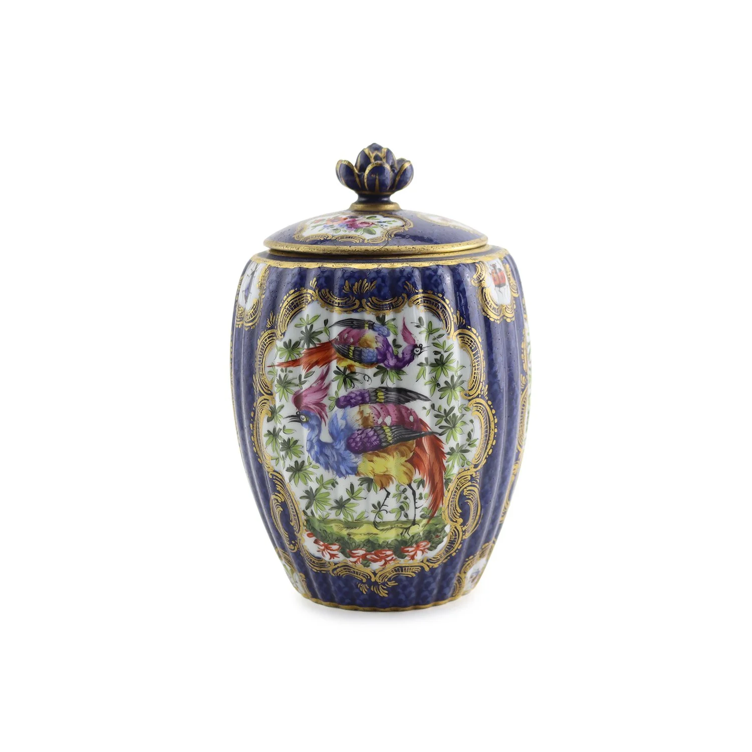 French porcelain lidded jar with scalloped sides, decorated in the 18th century "Chelsea Bird" pattern