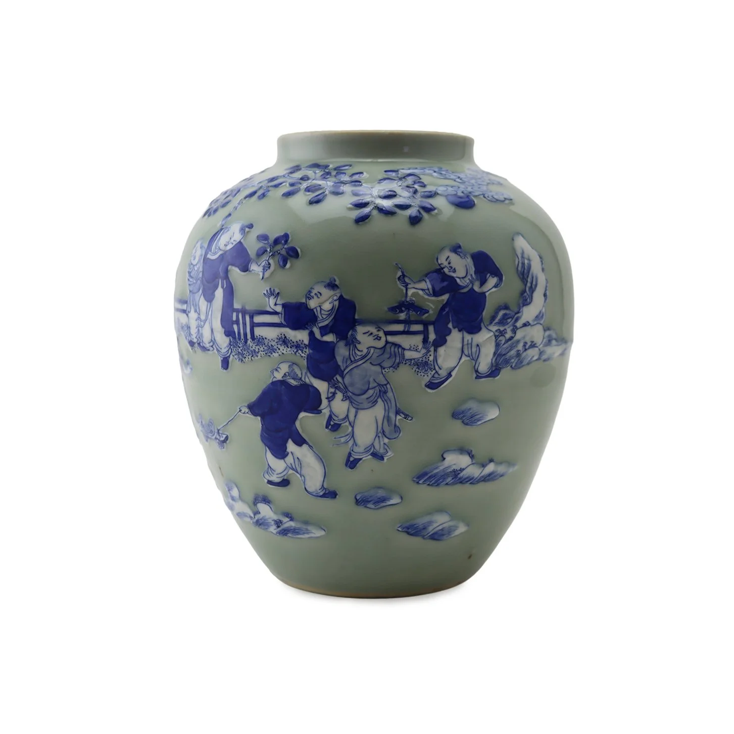 Chinese Turquoise Glazed Blue and White Boys Jar, circa 1900