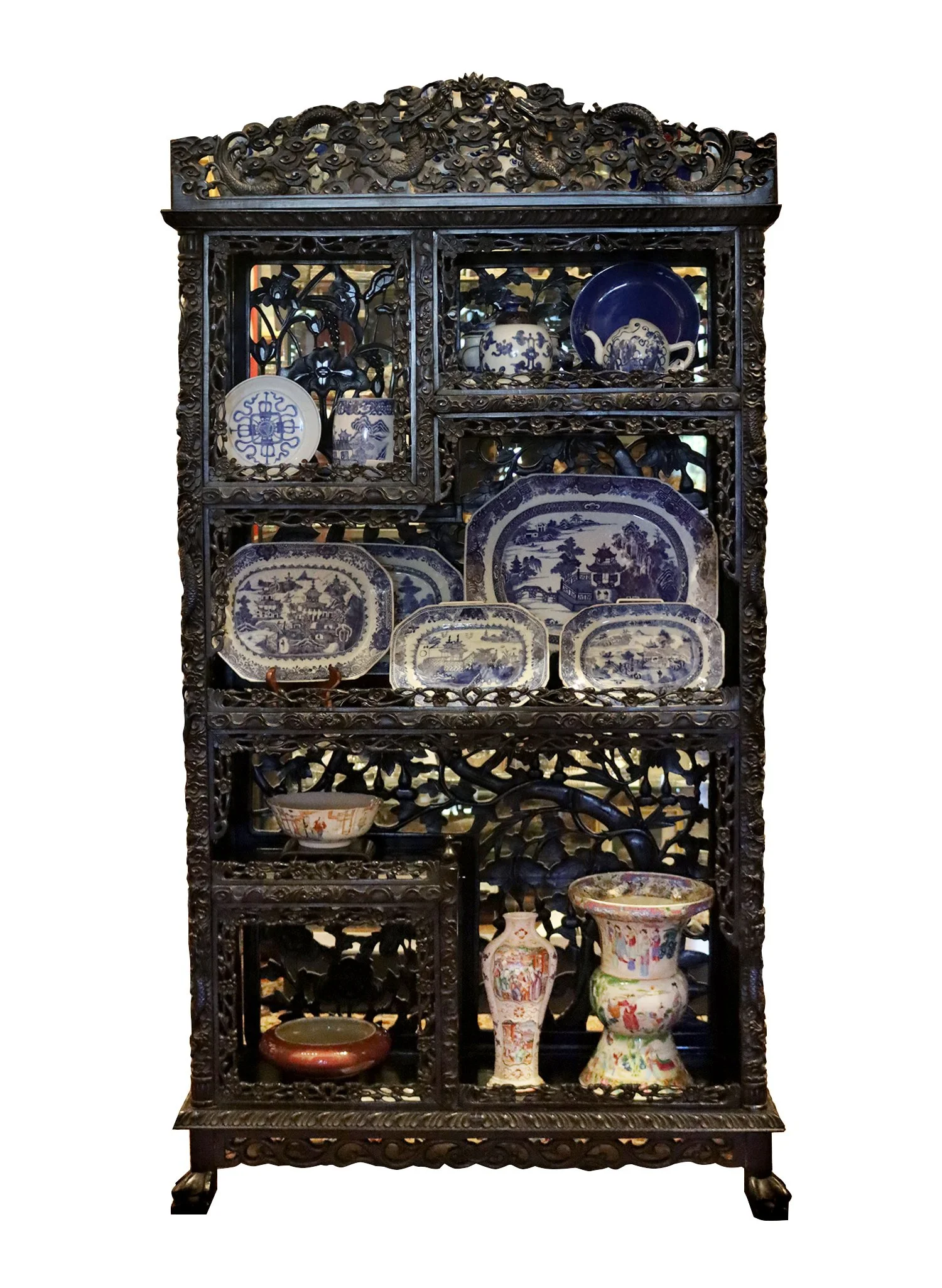 Late 19th century Chinese pierced and carved hardwood display cabinet 