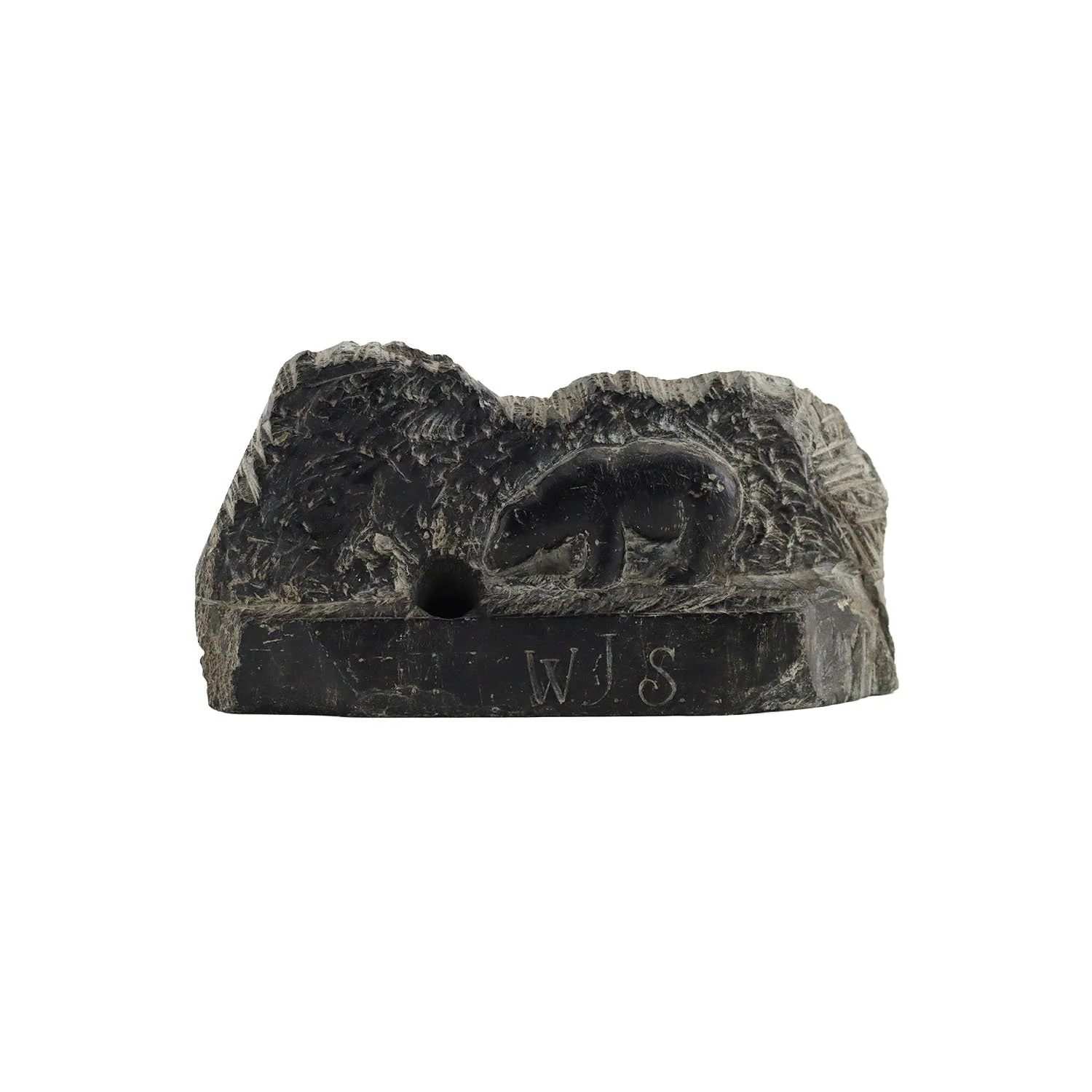 Inuit carved soapstone relief of polar bear by fishing hole, 1933