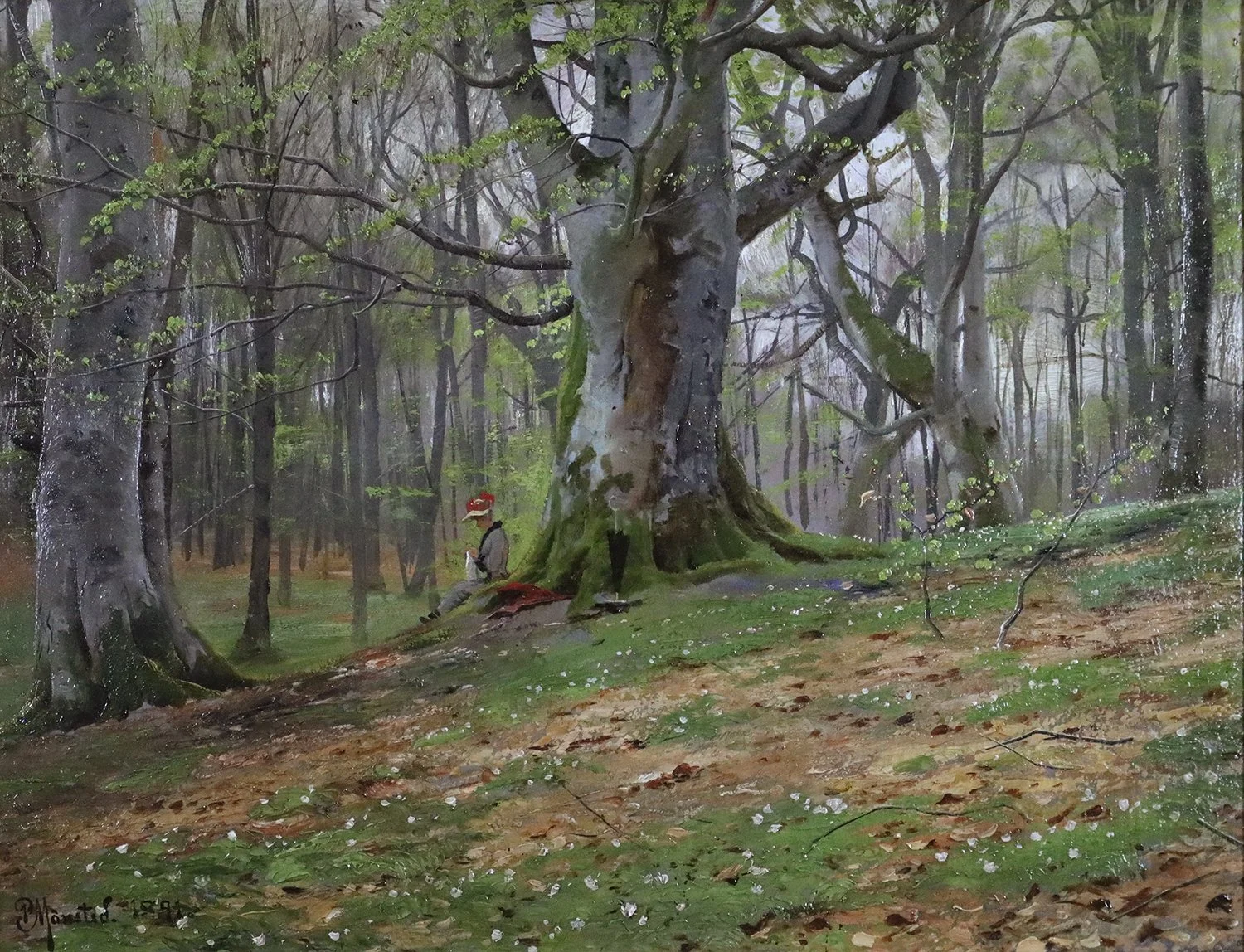 Peder M. Monsted (Danish 1859-1941) 'Spring Forest with Woman Seated Under a Tree'