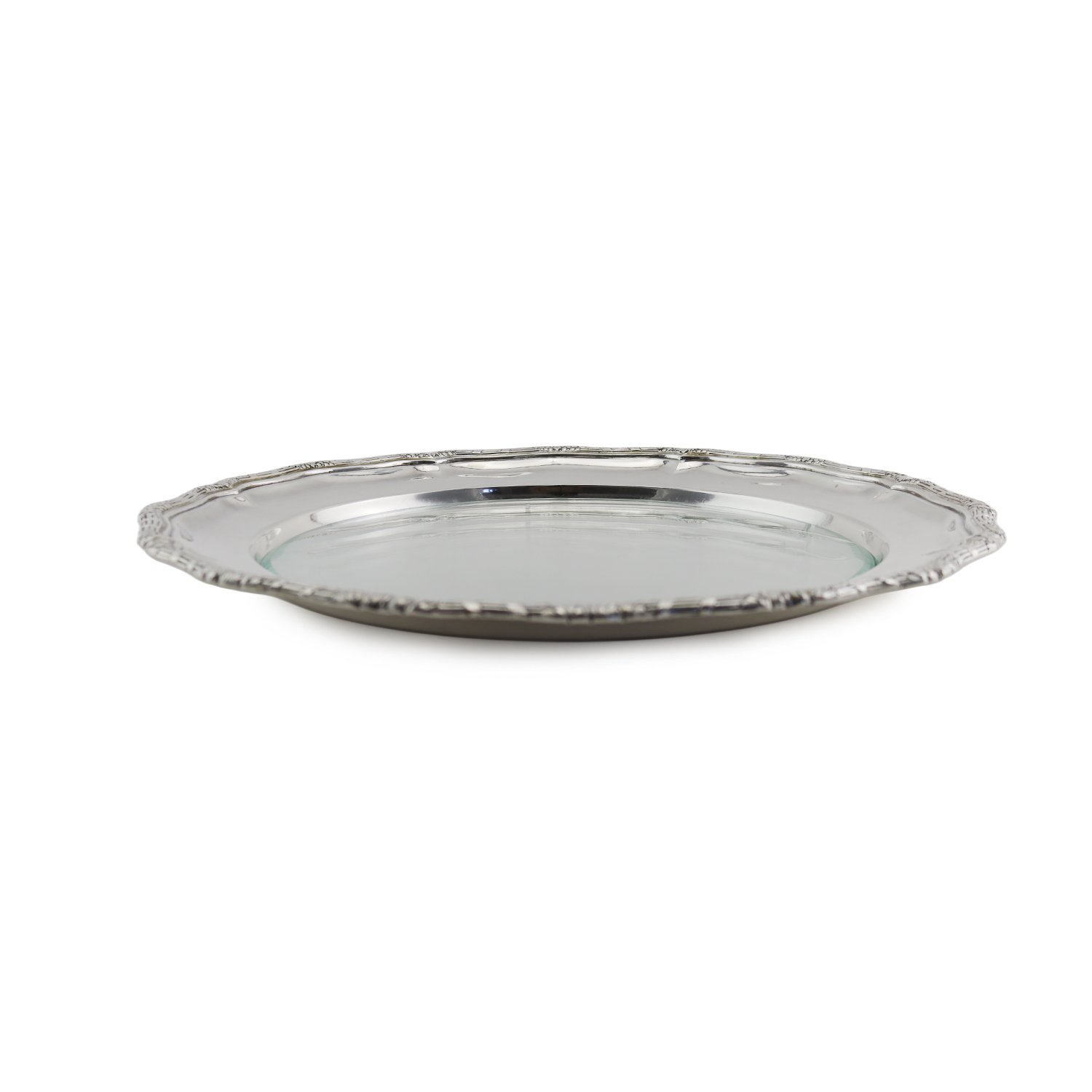 Austrian round tray with scalloped edge decorated with flowers, hallmarked 800 Vienna