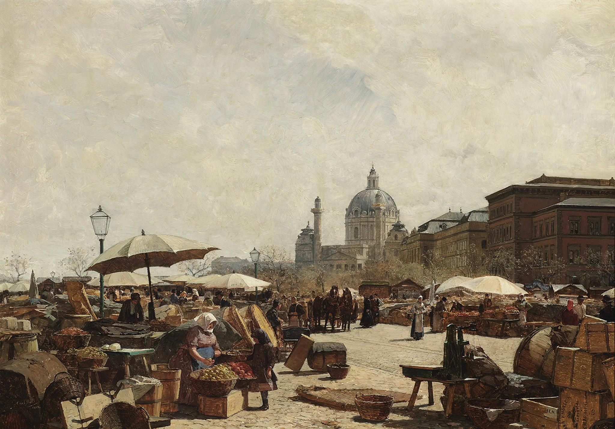 Carl Jullius Rudolf Moll (Austrian 1861-1945) 'Der Nashmarkt in Wien Mit Der Karlsirche' 