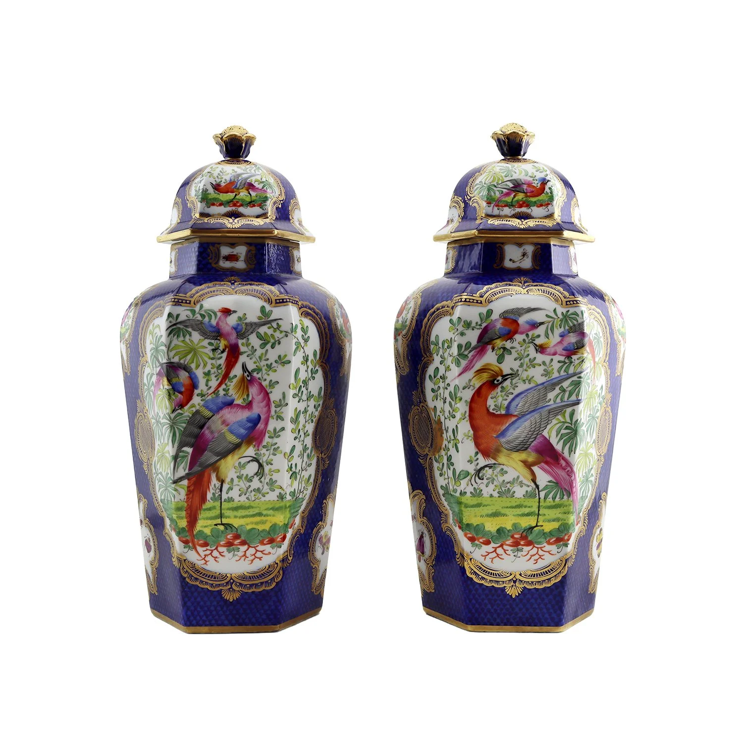 Pair of Chelsea porcelain hexagonal high-shouldered lidded vases, decorated in the 18th century "Chelsea Bird" pattern