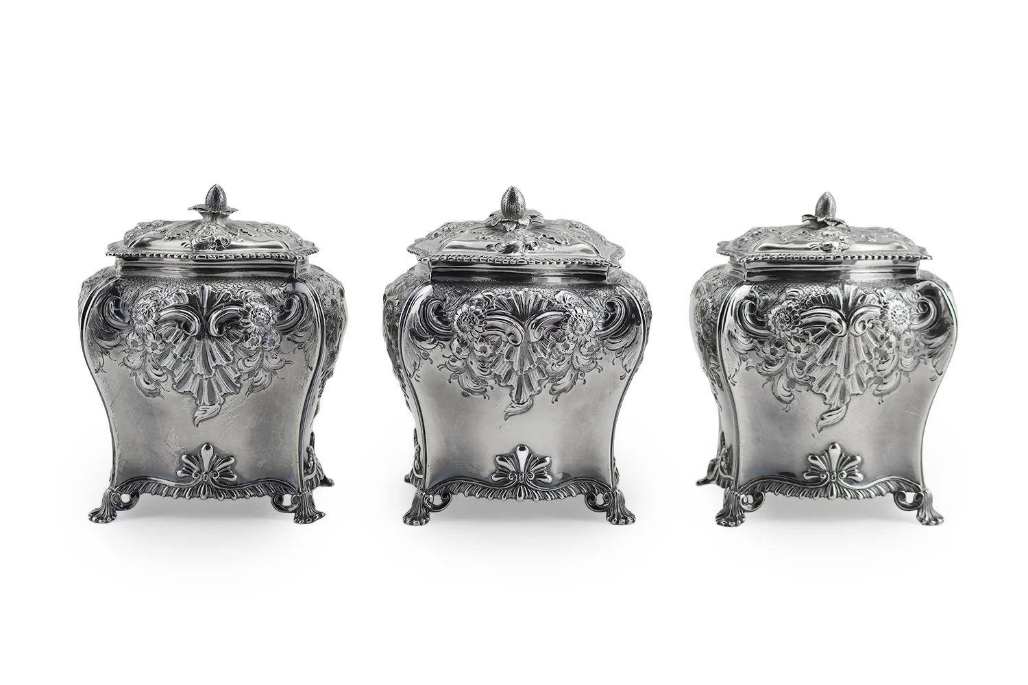 Cased Pair of George III Silver Tea Caddies with Matching Sugar Box
