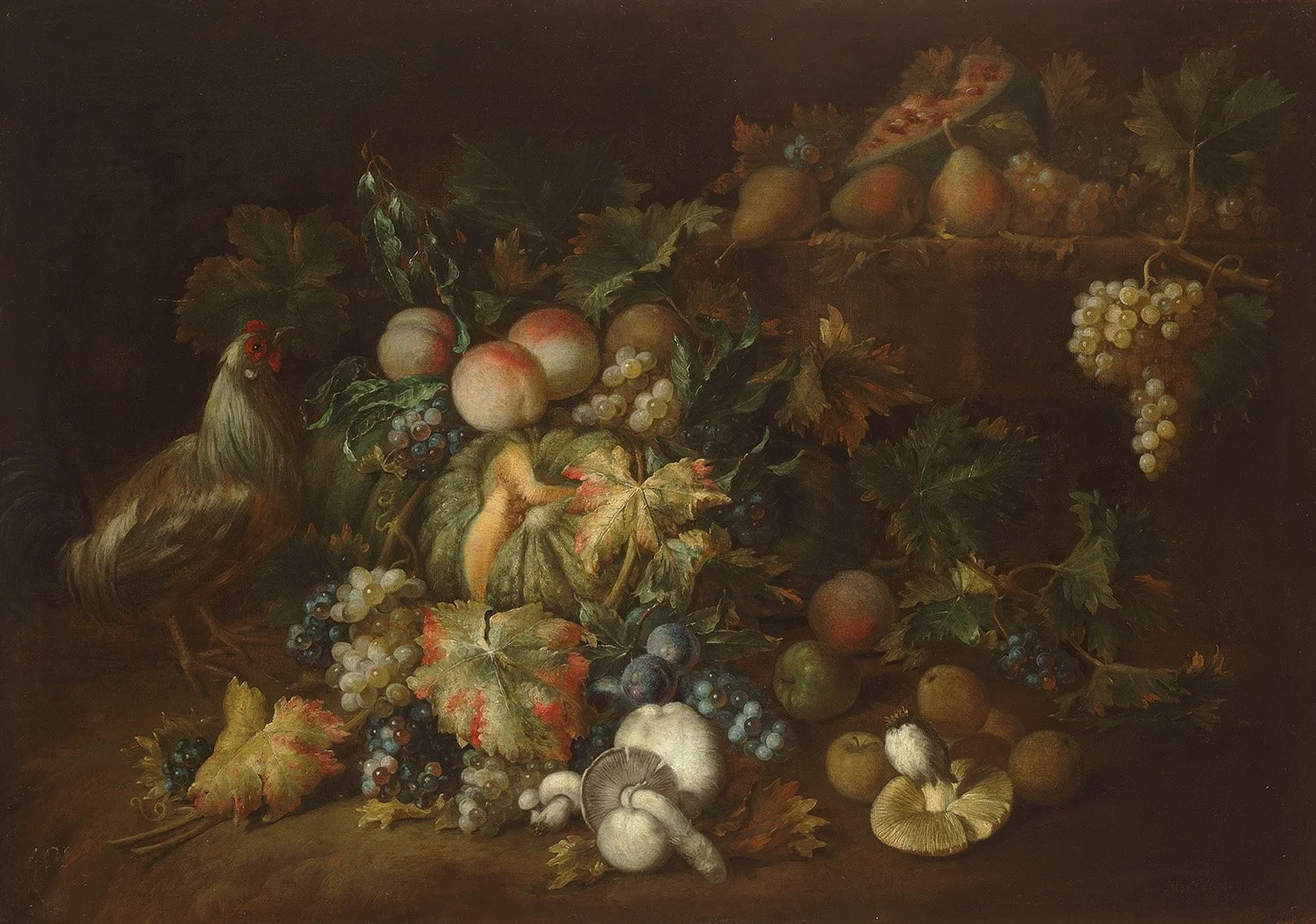 Maximilian Pfeiler (German 1656-1746) 'Still Life of Fruit, Mushrooms and Chicken'