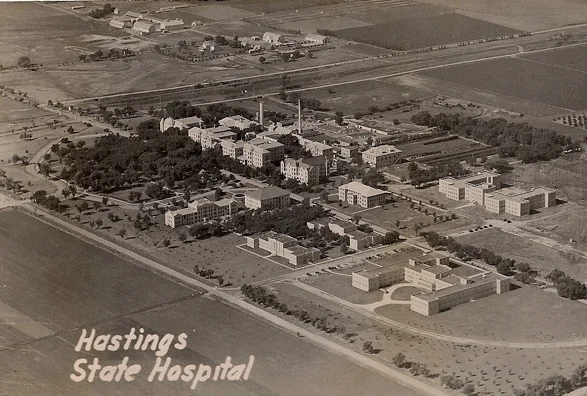 This postcard from the early 1940’s shows the Hastings Regional Center grounds. Ingleside farm is at the top of the photo. The future Workshop and Loft Barn are visible top center.