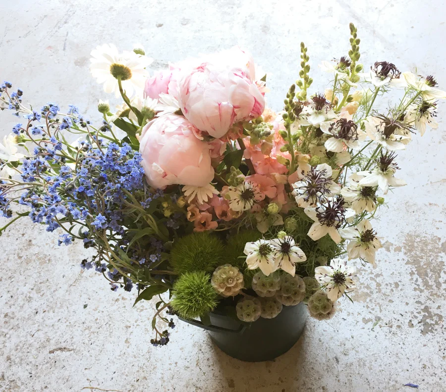 June bucket including Peonies