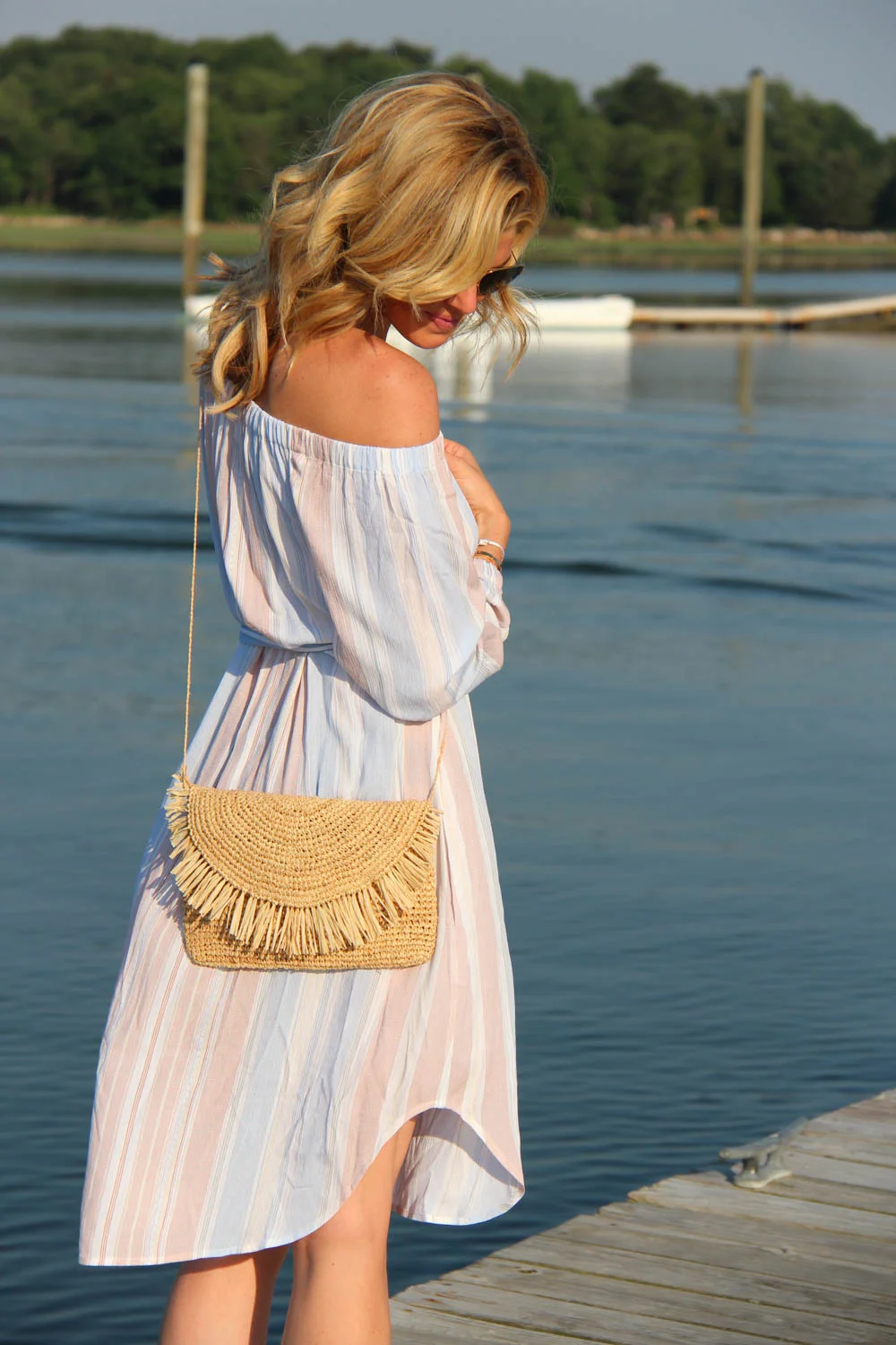AG MICHELLE OFF-SHOULDER STRIPED DRESS | $198 HAT ATTACK SUNSHINE CLUTCH | $94