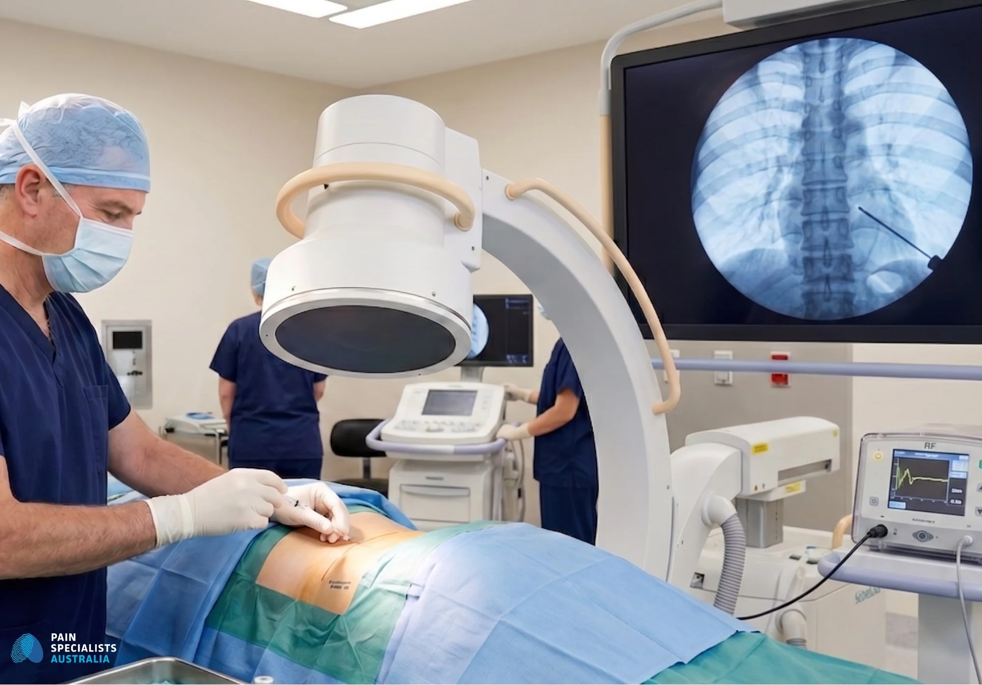 Pain specialist performing pulsed radiofrequency treatment for post-herpetic neuralgia at Pain Specialists Australia, Melbourne.