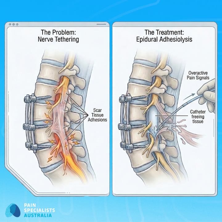 Illustration showing how scar tissue is gently managed to free tethered nerves near fusion hardware.