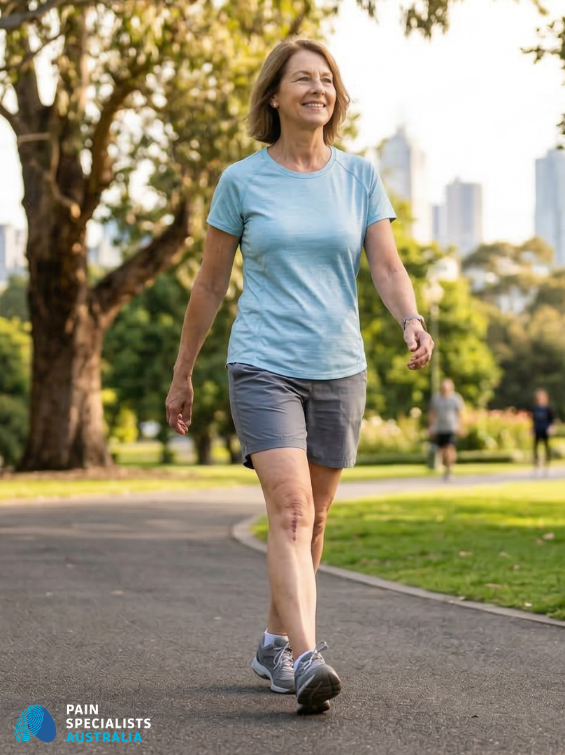 Person walking comfortably in a park after receiving targeted treatment for chronic knee pain.