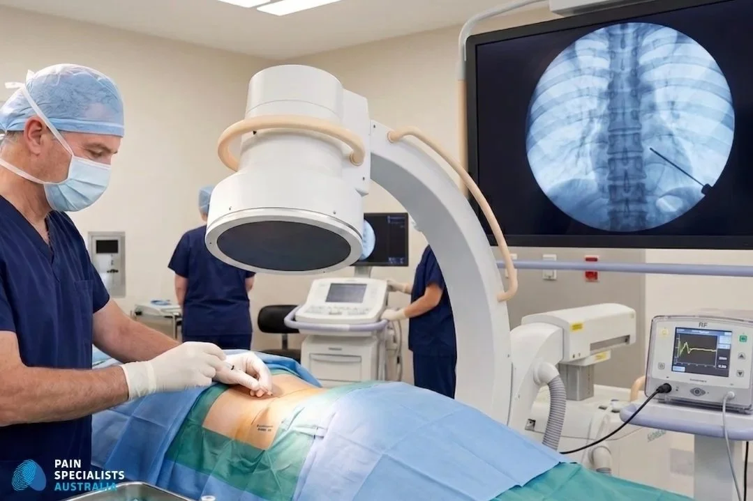 Pain specialist performing pulsed radiofrequency treatment for post-herpetic neuralgia at Pain Specialists Australia (clinics in Richmond, Heidelberg, Sandringham (Bayside) - Melbourne