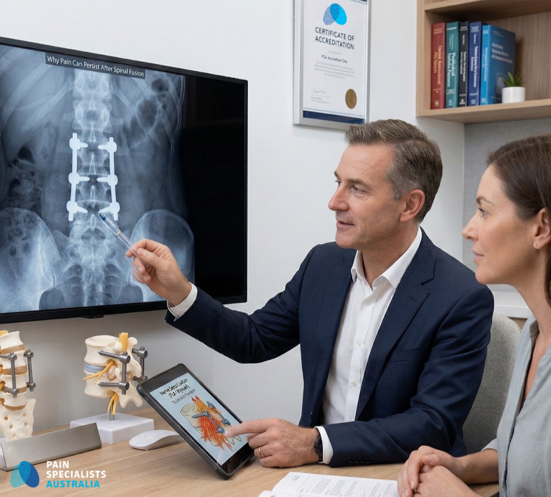 A Pain Specialists Australia doctor explaining a recovery plan to a patient in Melbourne.