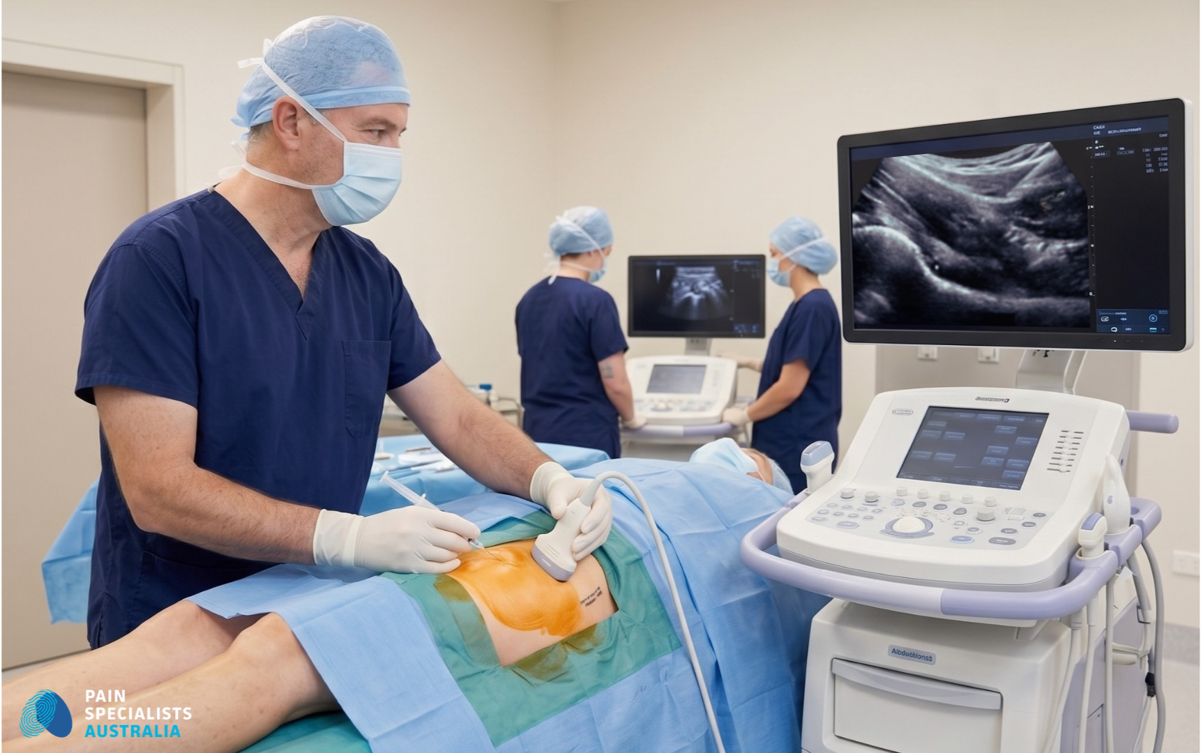 Melbourne pain specialist performing an image-guided injection of the articular nerves of the hip for hip osteoarthritis pain.