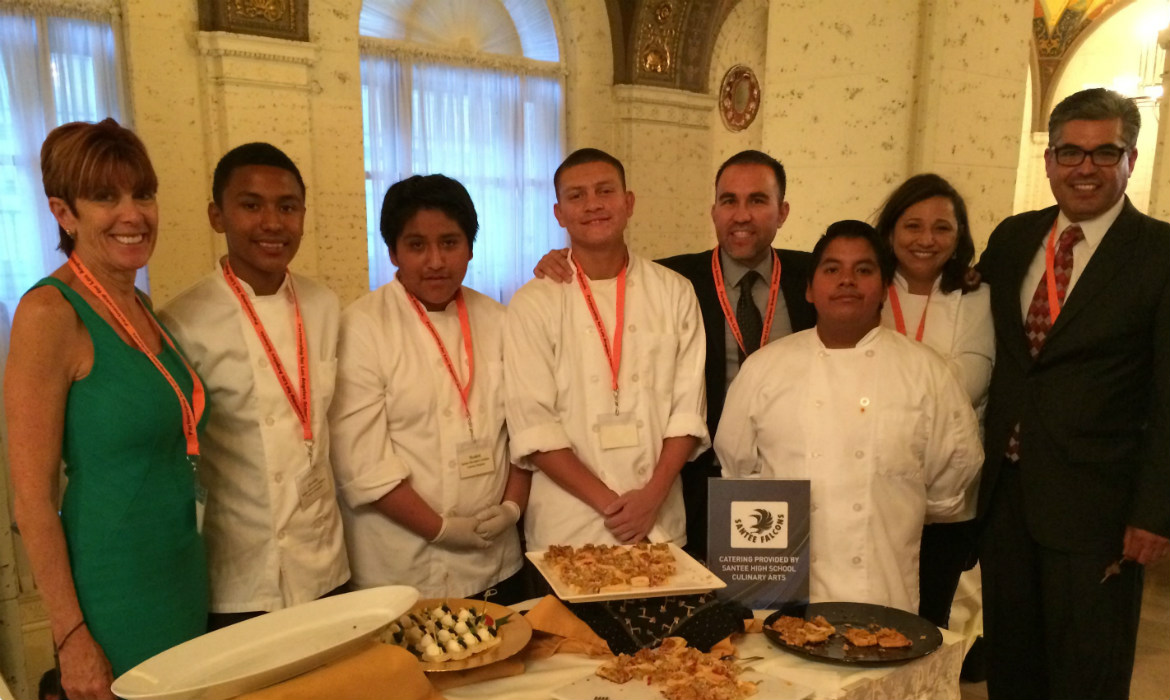 Partnership for Los Angeles Reception at the Biltmore Hotel with Sergio Flores, Assistant Superintendent at Partnership LA, Principal Dr. Martin Gomez, C.A.K.E. founder Mel Nicola, and students