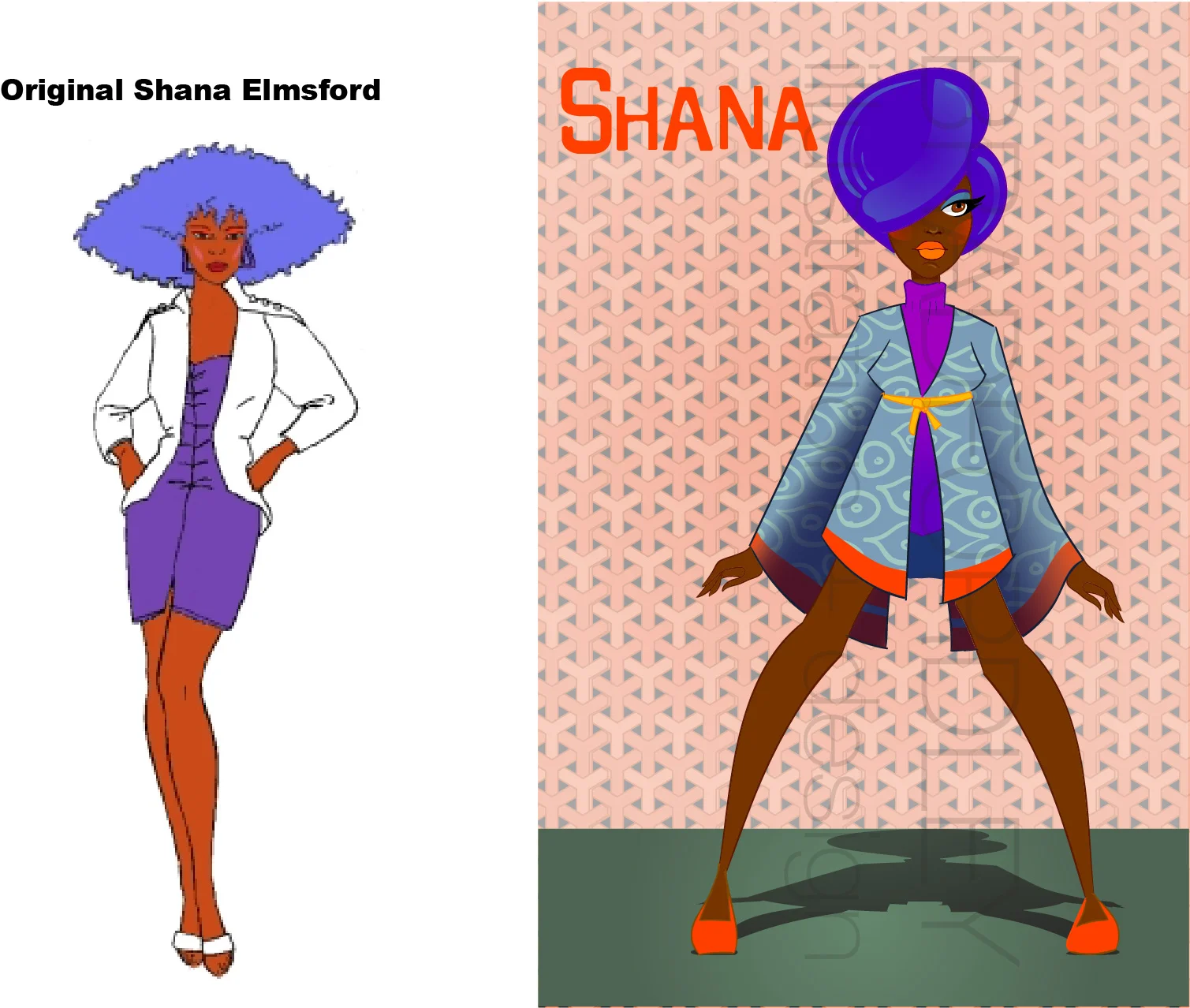 Next up, Shana Elmsford, the fashion mogul and drummer for Jem and the Holograms (later the bass guitarist upon her return, she leaves for a bit to pursue her fashion design dreams and they replace her, the DRAMA!!!) For a fashion designer, she often wore some drab looks, but I always loved her hair. I wanted to make her one of the more fashion forward with a stylish mod kimono with a funky print and a sleek asymmetrical up-do. This Shana takes chances and is not afraid of a good orange blush and blue eye shadow combo. Don't come for her unless she sends for you! 