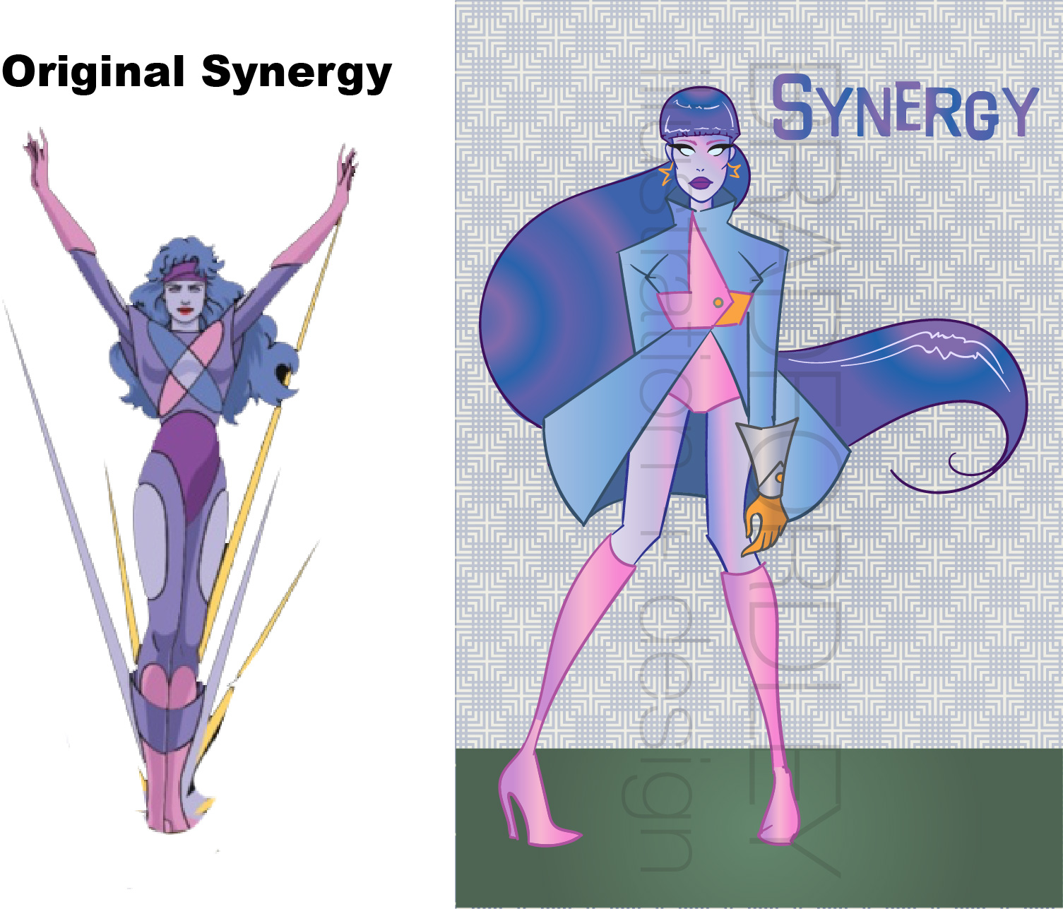 How would Jem's supercomputer Synergy look in the 60s? I imagined she'd take the fashion and push it to the extreme. Plus she always kinda had a Superhero look, so I gave it some of that as well. I'm also in LOVE with fashion sketches from this era and I imagined Synergy as being a sort of walking fashion sketch. 