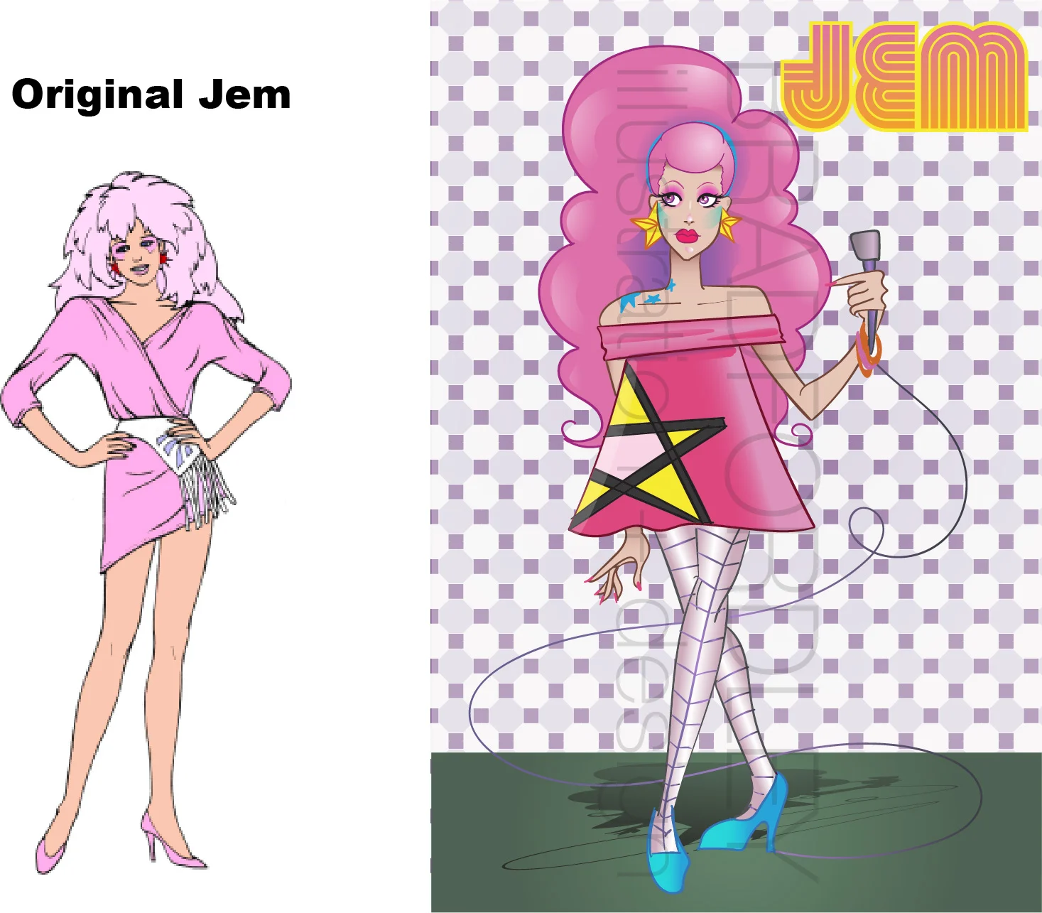 Now we have the titular lady herself; Jem! Jem is to be the total package, so I combined some of the best of 60s hair, a babydoll dress with a large modern graphic, and topped it off with some sheer shiny leggings and wide fishnets. 